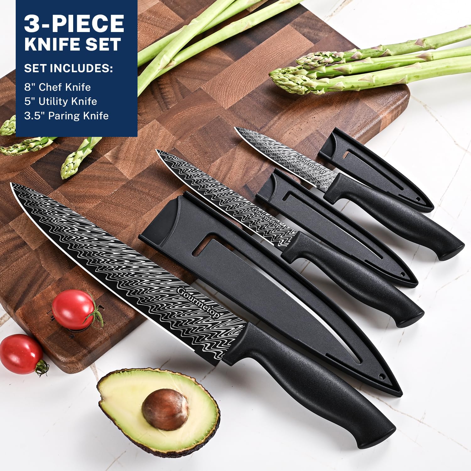 Gourmetop Chef Knife Set with Cover 3 Pcs, Black Kitchen Knife Set for Cooking, Sharp Small Kitchen Knives with Sheath, 8'' Chef Knife, 5'' Utility, 3.5'' Paring, Stainless Steel Chef Cutting Knives