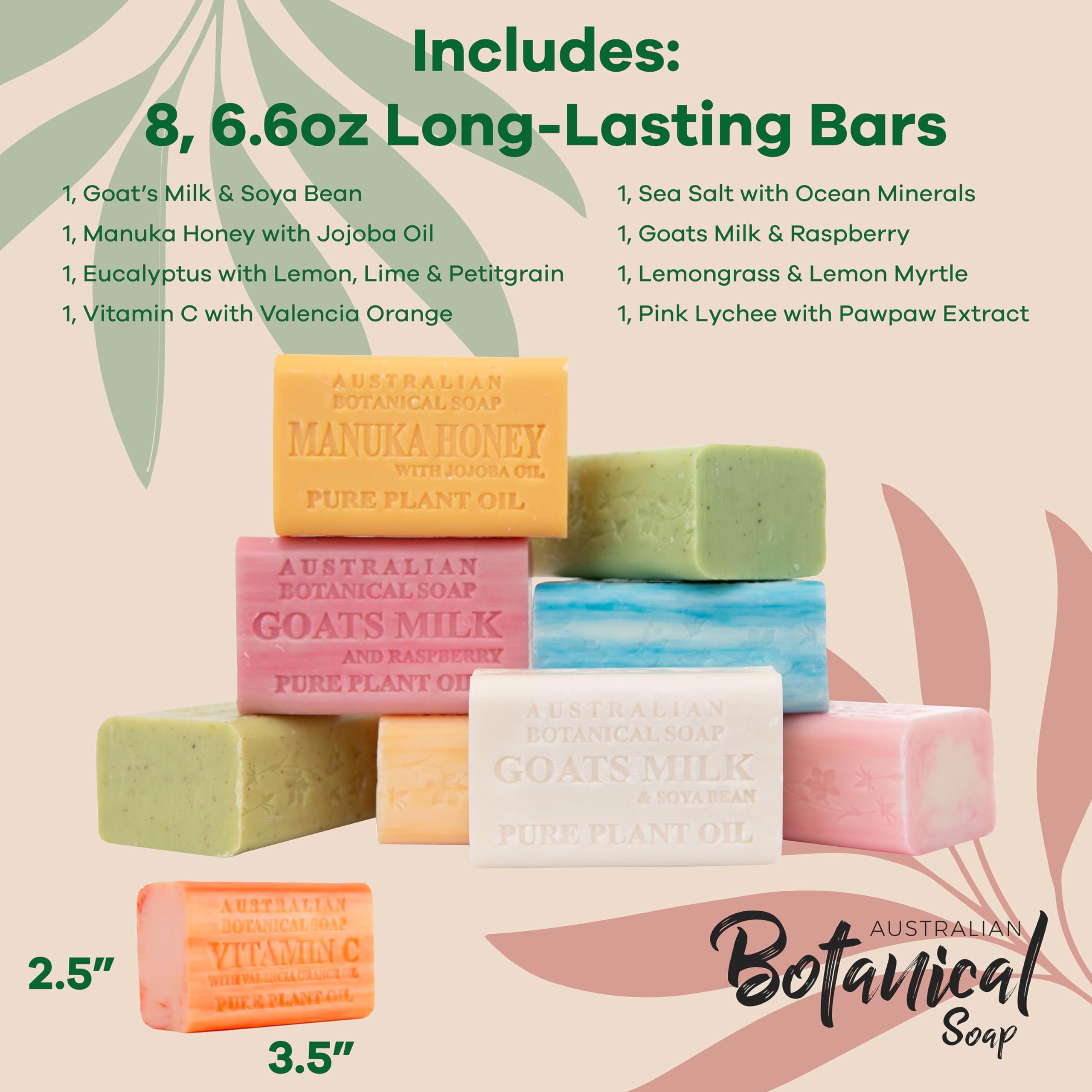 Australian Botanical Soap, Pure Plant Oil Soaps, 8 Bar Soap Variety Pack | 6.6 oz (187g) Natural Ingredient Soap Bars | All Skin Types | Women & Men | Shea Butter Enriched- Pack of 8