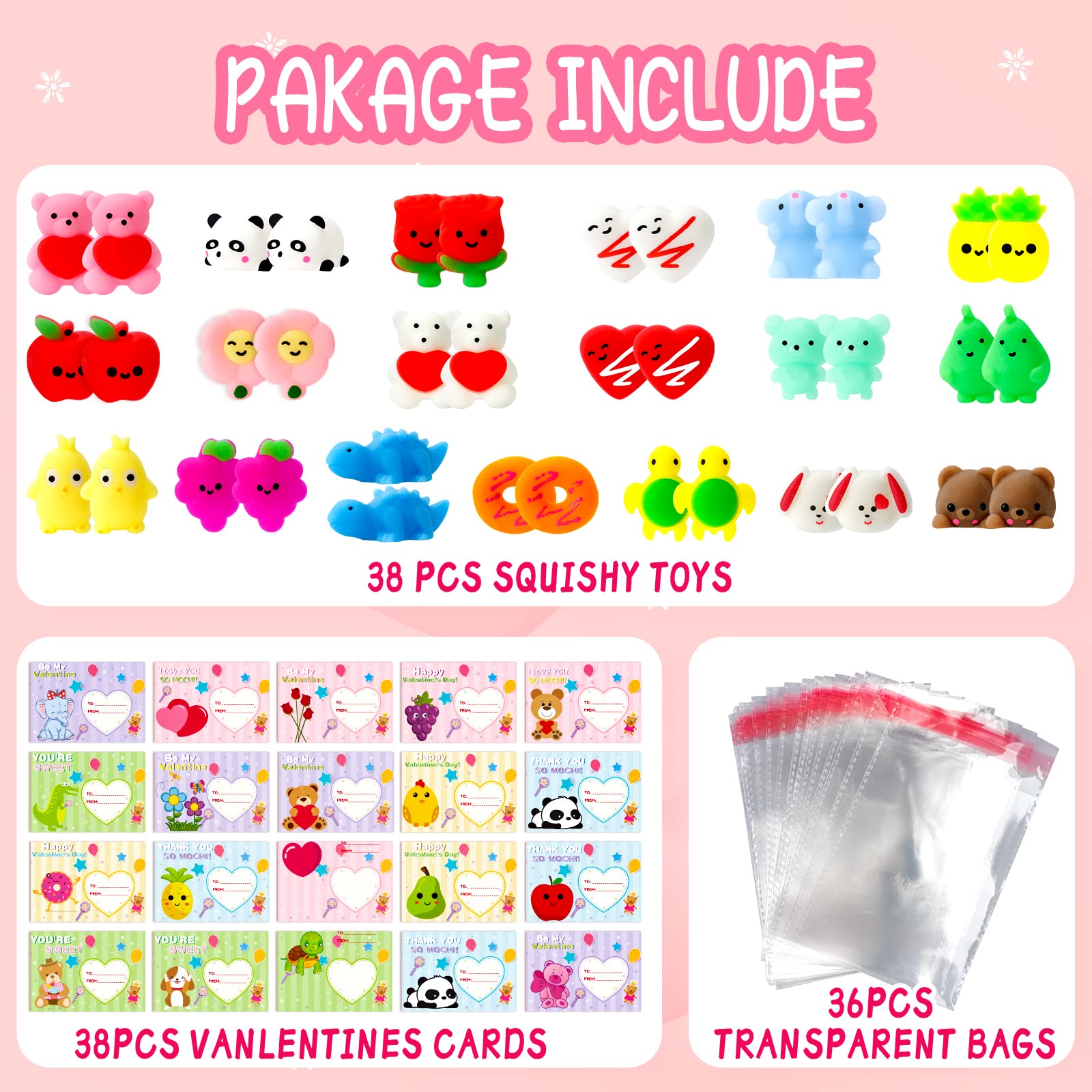 MGparty Valentines Gifts for Kids with 38 Pack Kawaii Mochi Squishies Toys, Valentines Cards for Kids Classroom Exchange Prizes Boys Girls School Party Favors