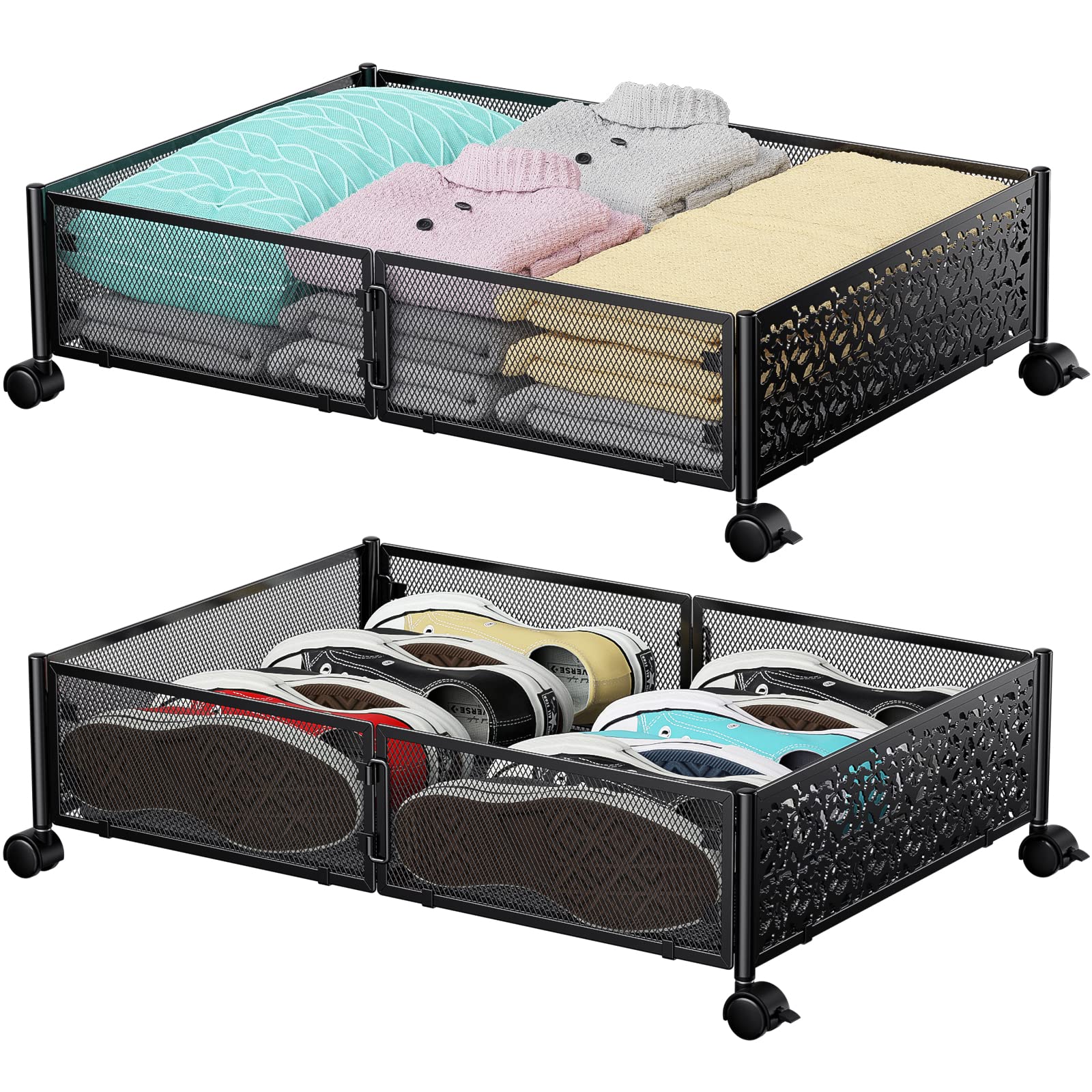 Under Bed Storage, Under the Bed Storage Containers with Wheels, Under Bed Shoe Storage Organizer Drawer, Tool-free Assembly Metal Underbed Storage Containers for Bedroom Clothes Shoes Blankets -2Pack