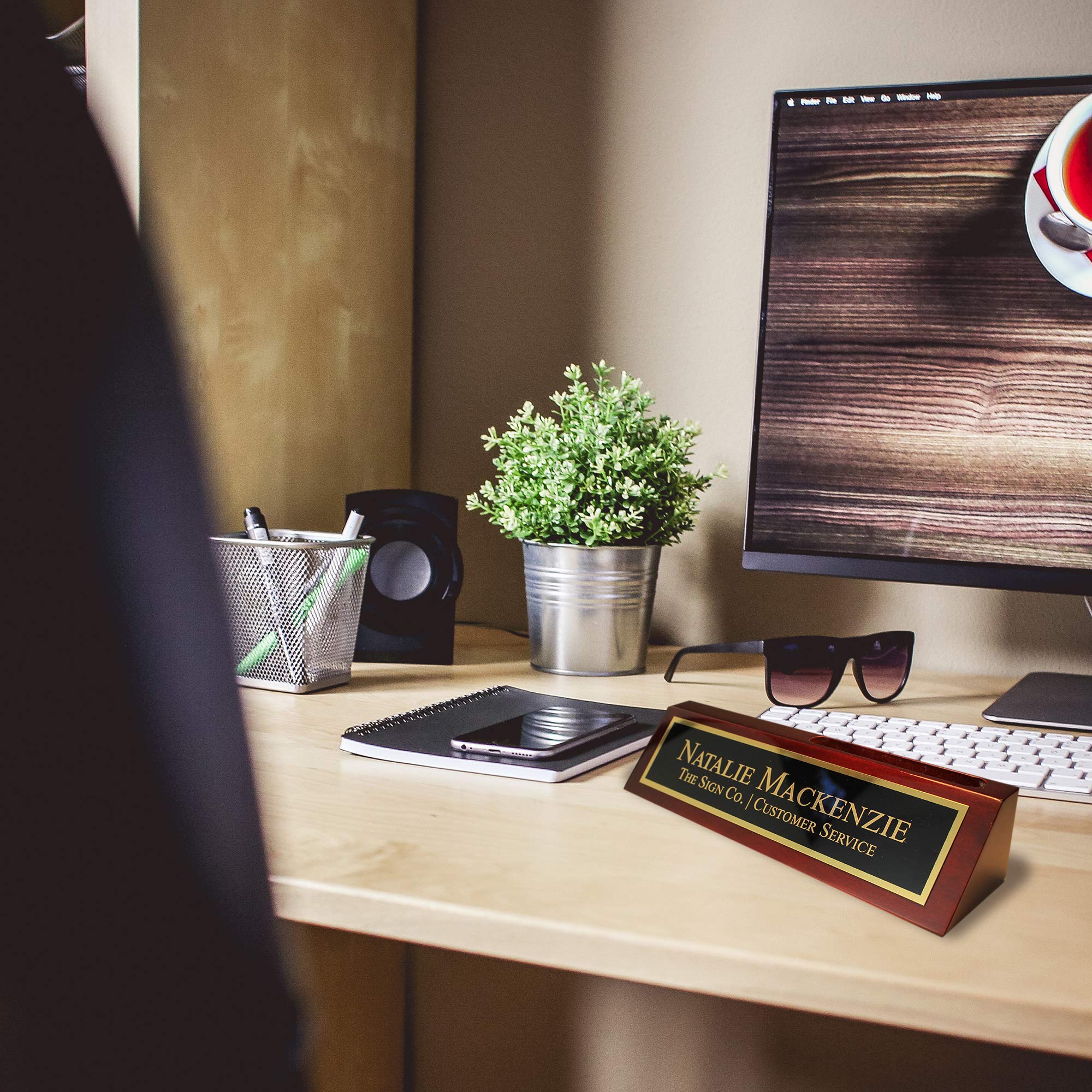 Personalized Business Desk Name Wedge - Office Name Plate for Desk - Rosewood with Card Holder- Free Engraving