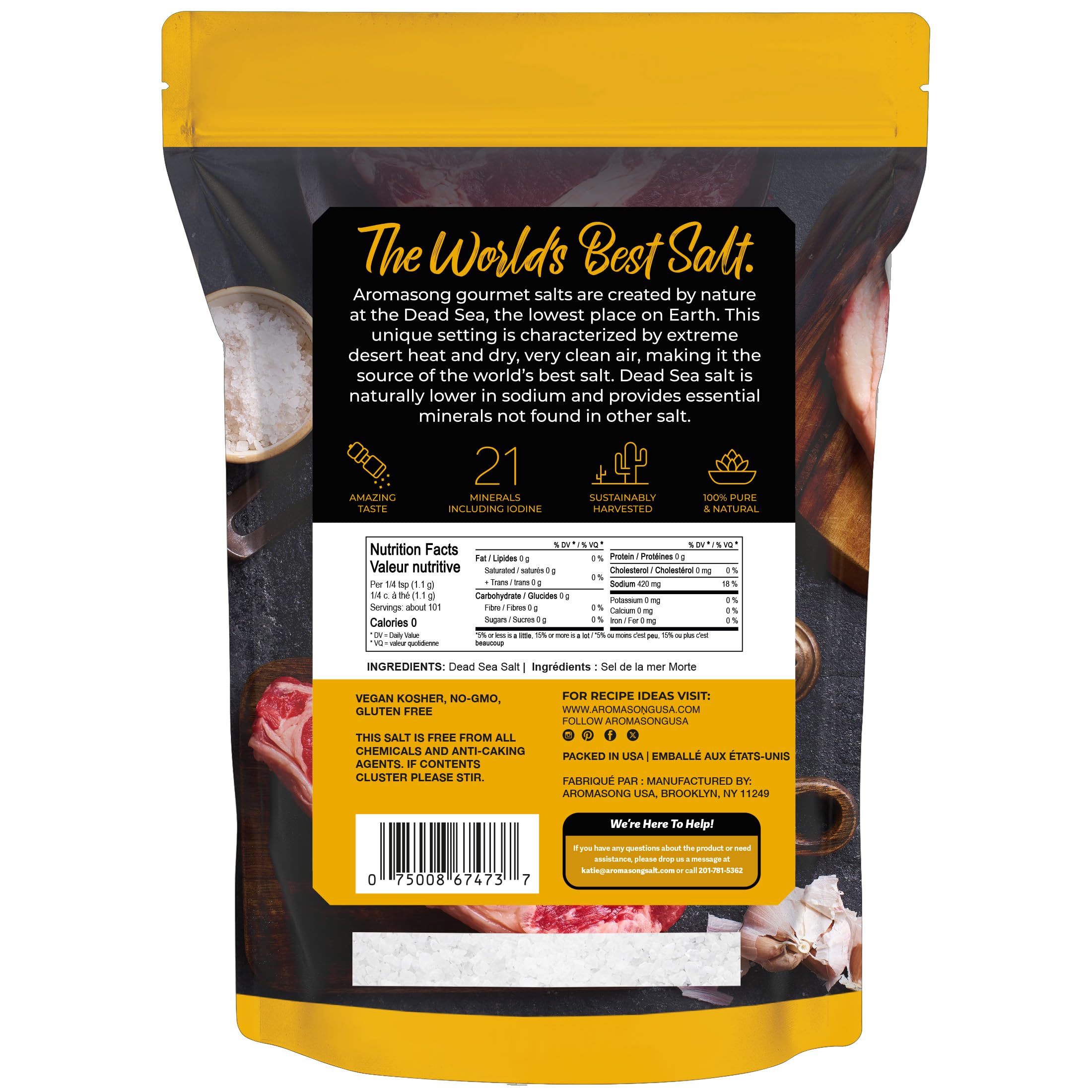 Aromasong 100% Natural Sea Salt, Kosher Salt Grain, Large Bulk 2.43 Lb Resealable Bag, All Natural, Unrefined, Gluten Free, Grinder Refill, Sea Salt for Daily Cooking or To Use as Pickling Salt, Packaging May Vary