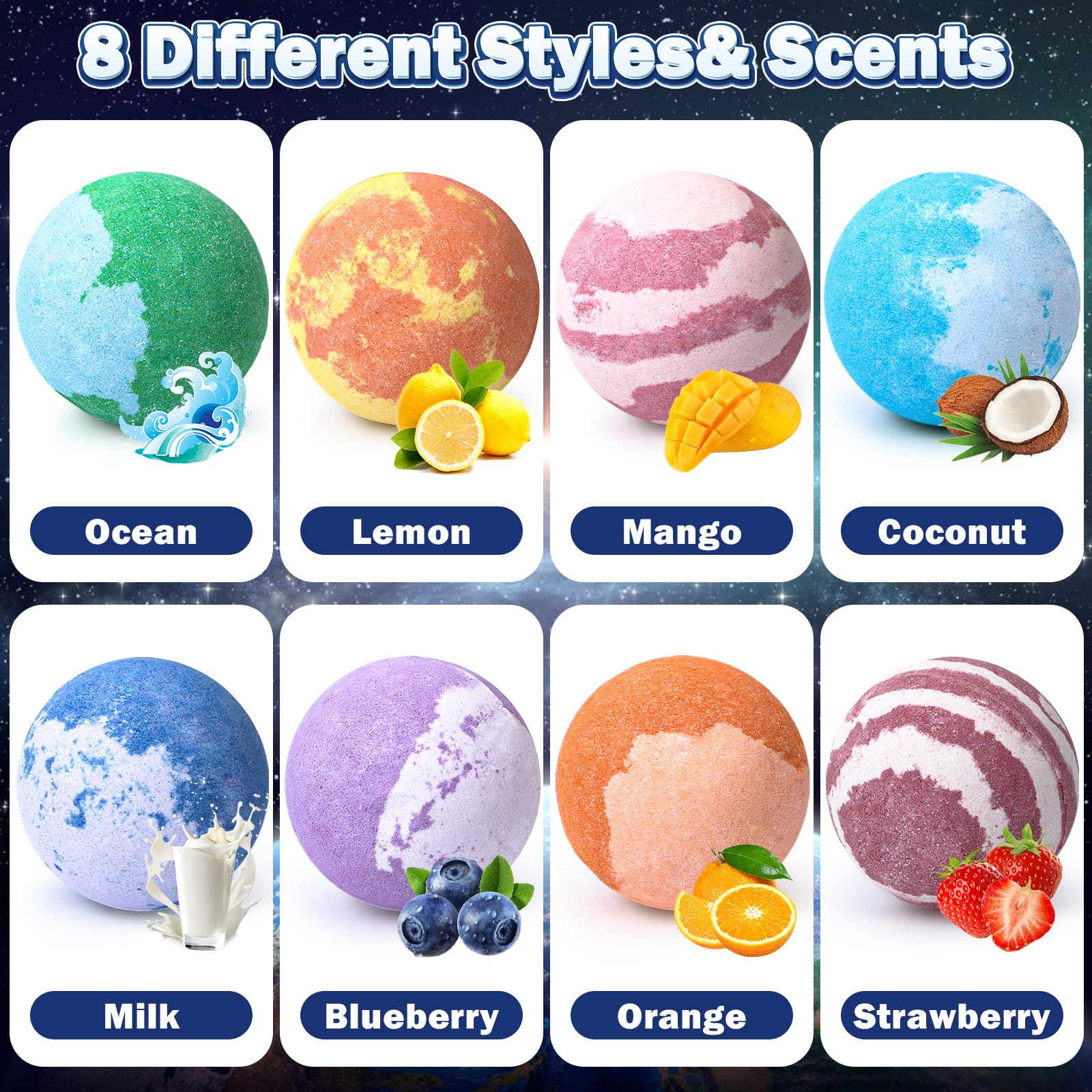 Toylink Galaxy Bath Bombs for Kids with Surprise Inside Space Toys, 8 Pack Planet Bath Bombs with Solar System Gemstones Organic Bubble Bath Fizzies Birthday Christmas Gifts for Boys Girls