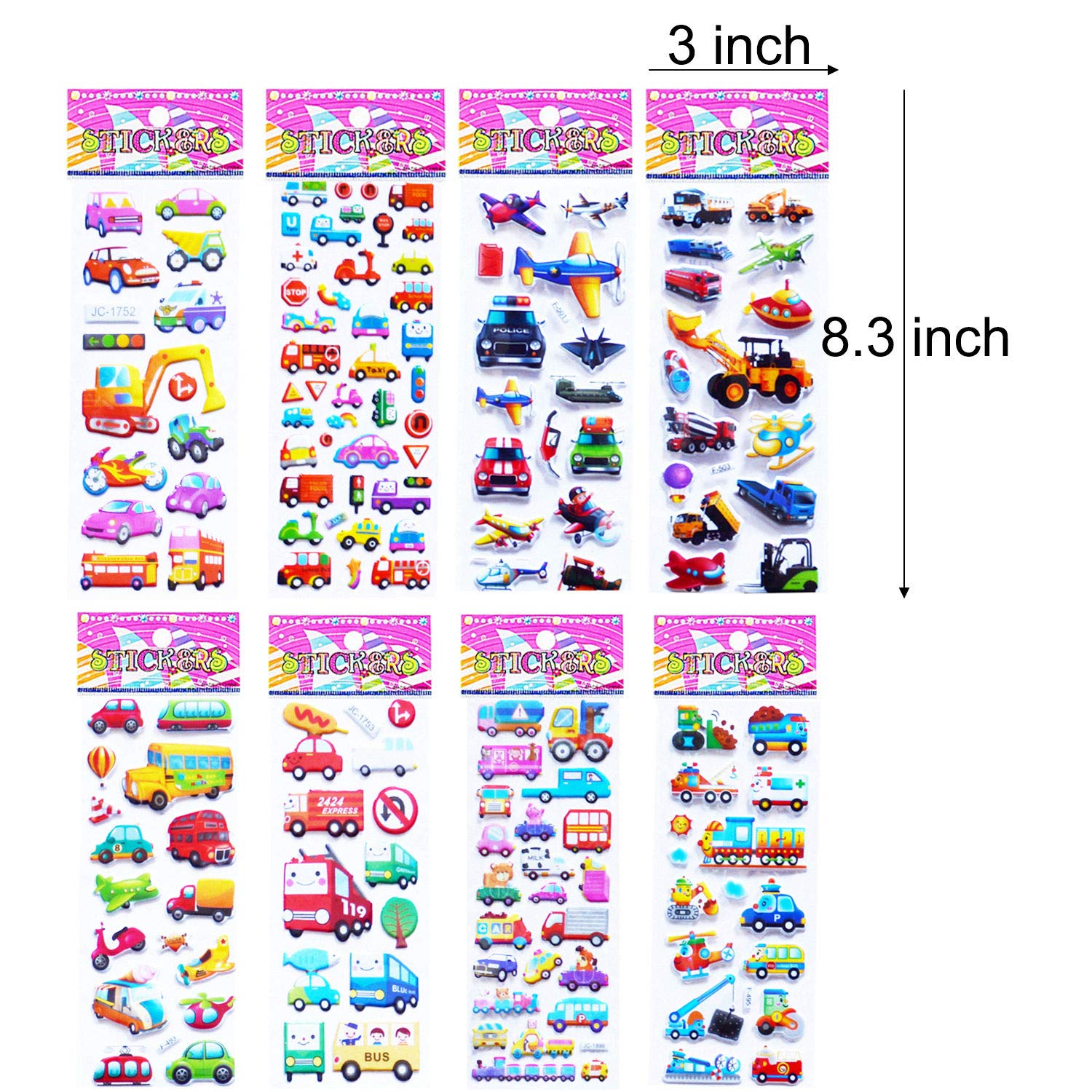 Kids Cars and Trucks Stickers Party Supplies Pack, 20 Different Sheets, Vehicle Stickers for Kids Toddler Boys with Cars, Fire Trucks, Construction, Buses, Airplane, Rocket and More