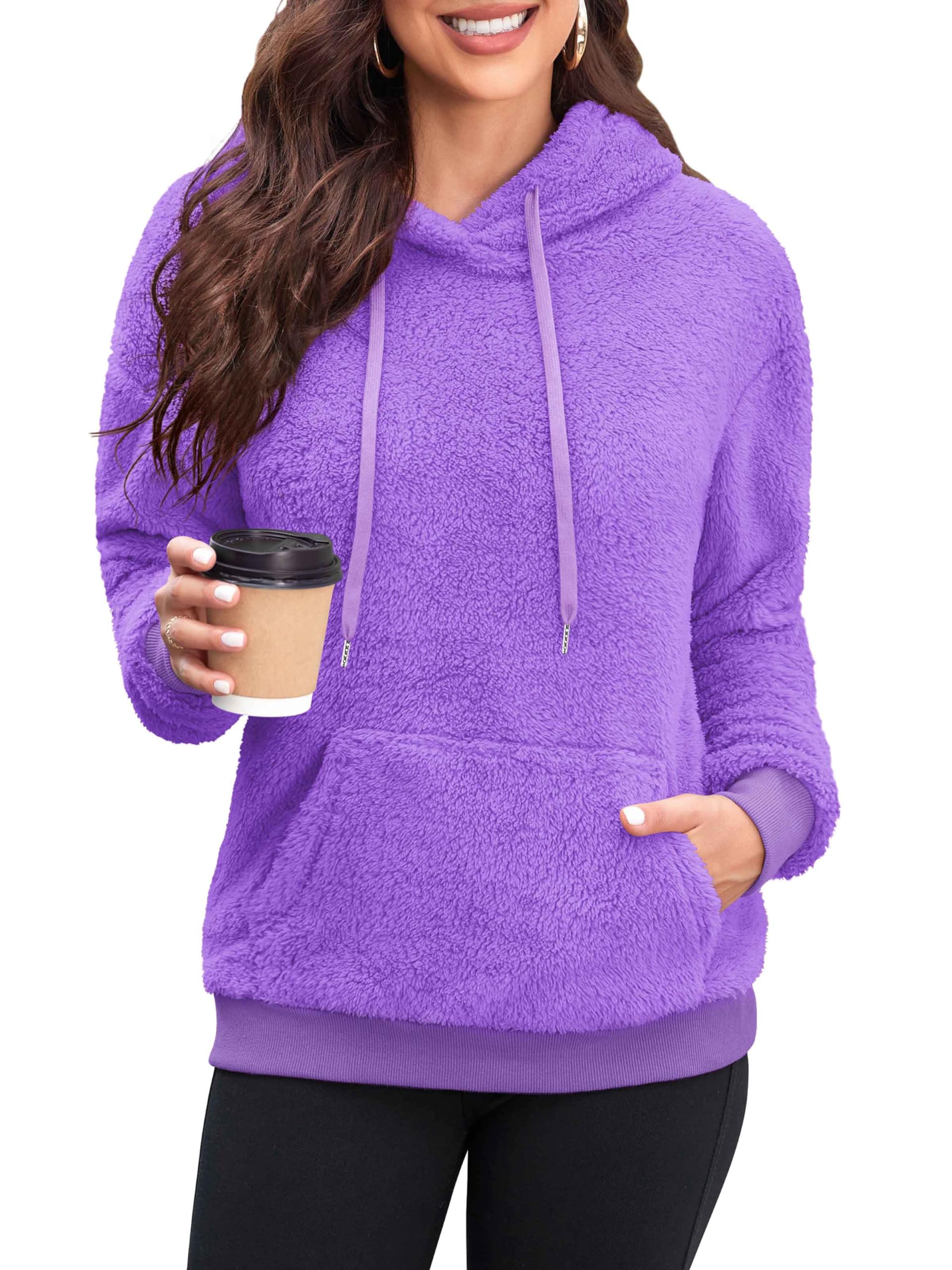 Neineiwu Womens Plus Size Hoodies Cozy Soft Warm Winter Casual Solid Fuzzy Sweatshirt Sherpa Pullovers Outerwear Fashion Hooded with Pockets (Purple XXL)