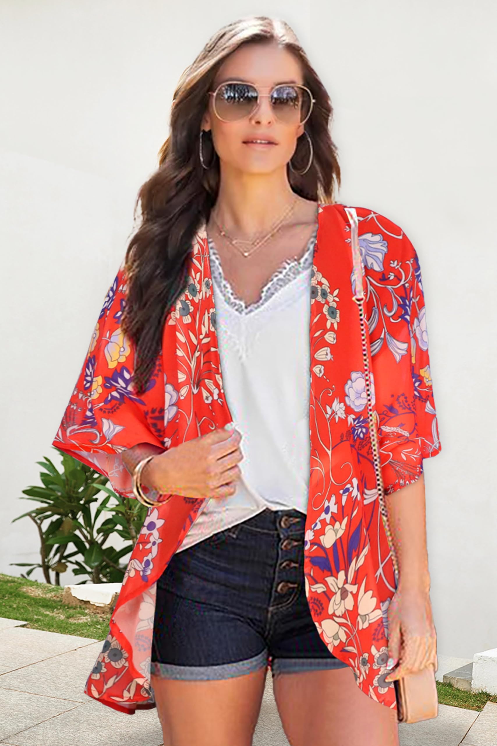 Summer Kimono Cardigan for Women Sheer Boho Tops Casual Open Front Swimwear Shirts Beach Cover ups (Boho Red,M)