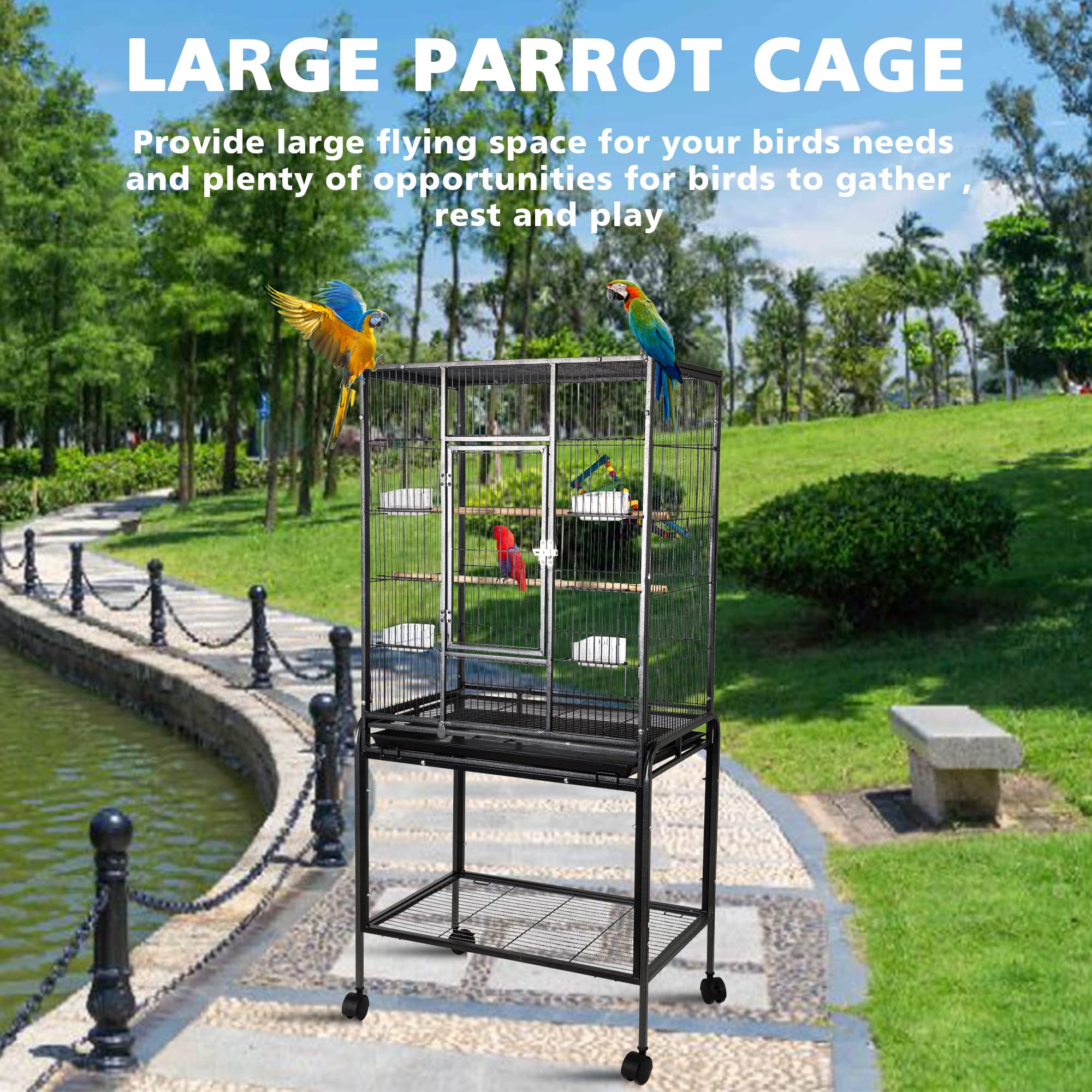53-inch Bird Cage with Rolling Stand & Storage Shelf, Large Wrought Iron Parrot Cage for Cockatiel, Conure, Lovebird, Parakeets, Pet House with Bottom Tray Wire