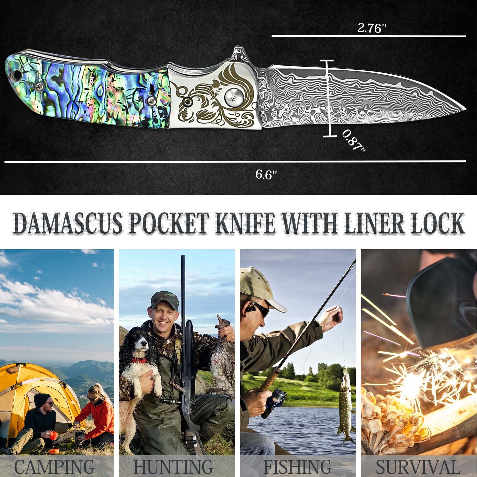 AUBEY EDC Damascus Pocket Knife with Leather Sheath, Abalone Shells Handle, Handmade Damascus Steel Folding Knives with Clip for Everyday Carry, Excellent Gifts for Men Women Hunting