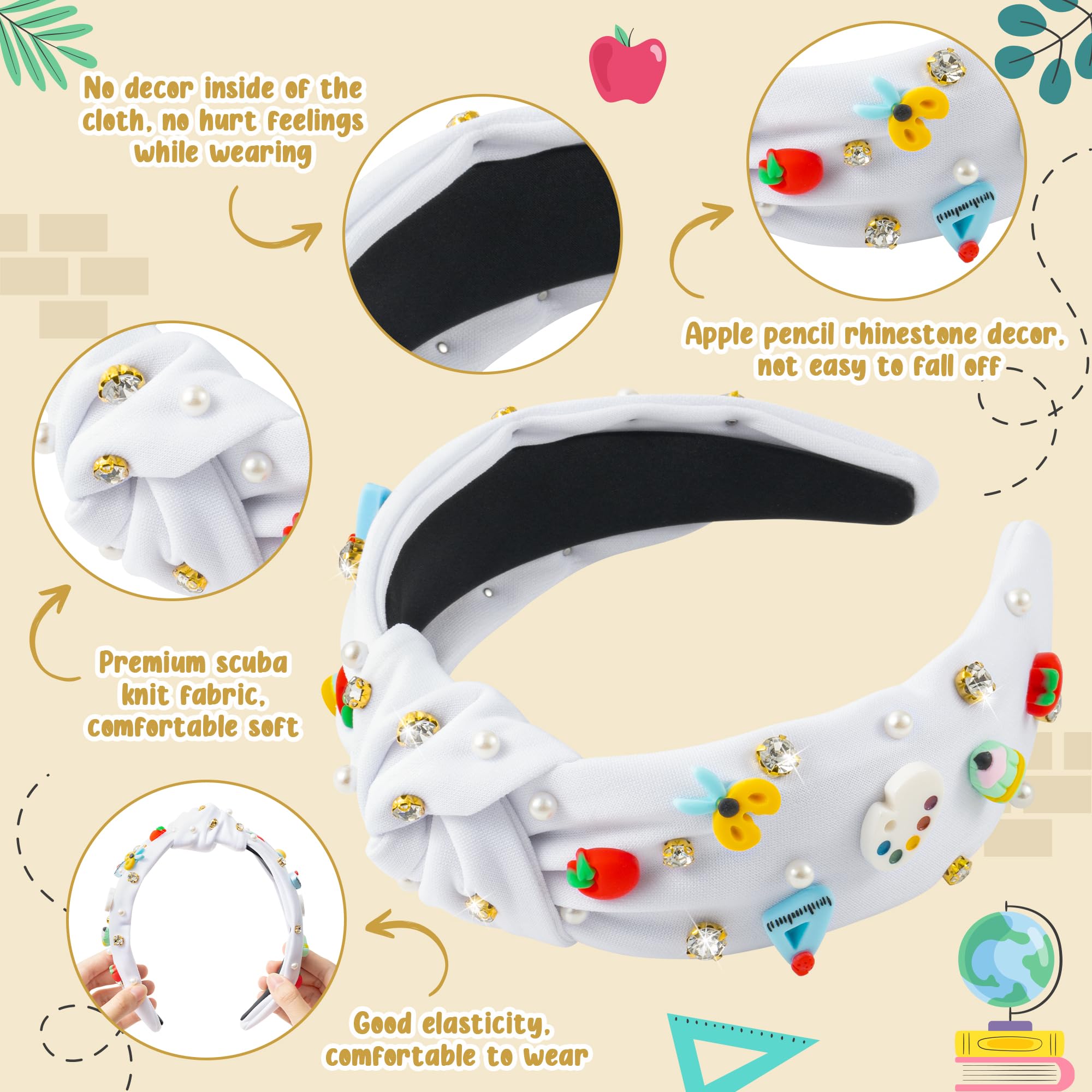 PANTIDE Teacher Jeweled Knotted Headband - Back To School Gift Apple Pencil Rhinestone Pearl Embellished Headband Wide Top Knot Hair Accessories Teacher Appreciation Birthday for Women Girls (White)