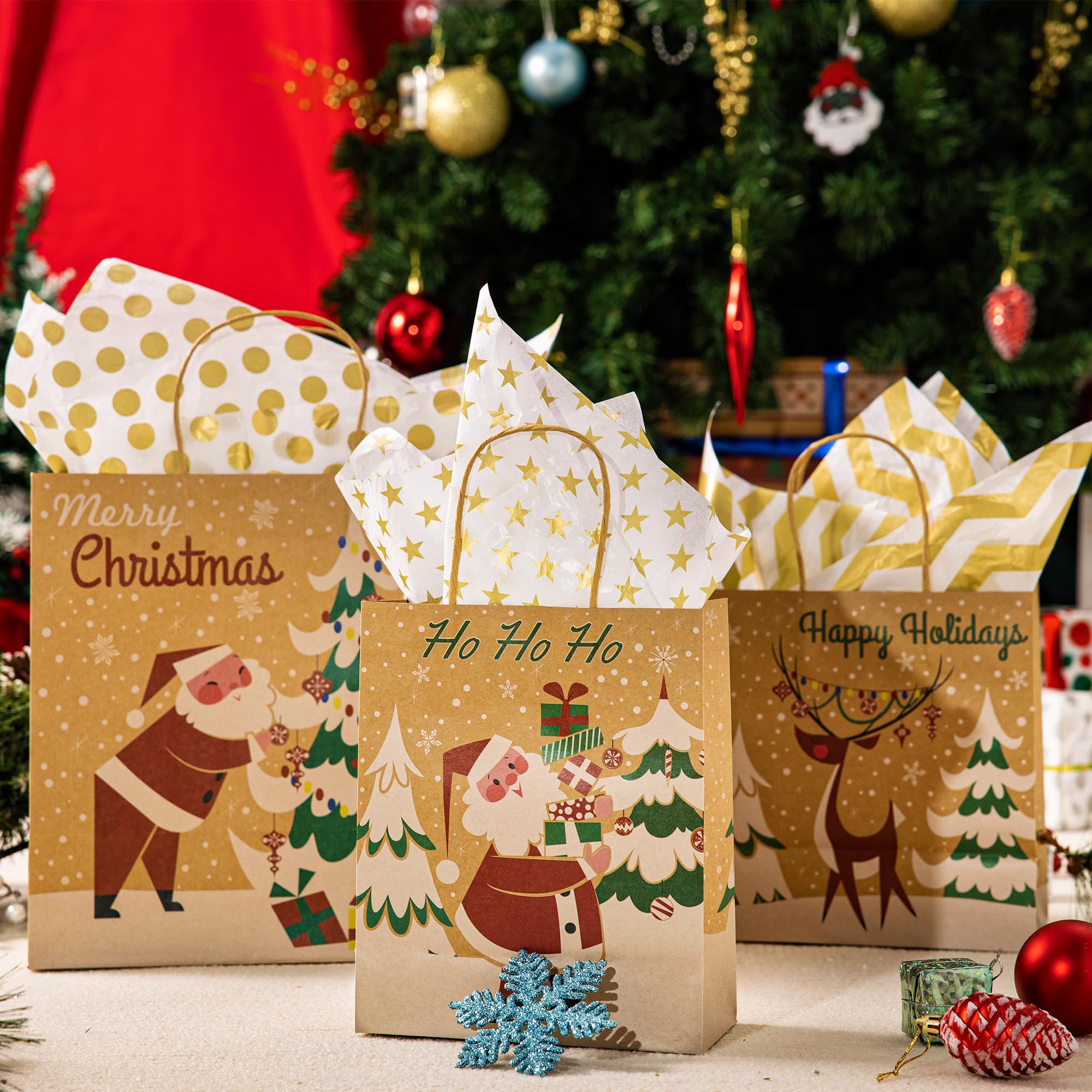 JOYIN 24 PCS Christmas Kraft Gift Bags with Assorted Christmas Prints for Kraft present Bags, Christmas Goody Bags, Xmas Gift Bags, School Classrooms and Party Favors (not included tissue paper)