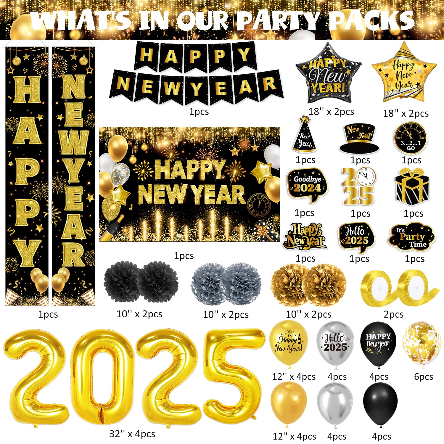 New Years Decorations 2025 - New Years Eve Party Supplies Include Banner, Backdrop, Hanging Swirls, Porch Sign, Paper Pompoms, Balloons, Foil Number 2025 for Happy New year Decorations