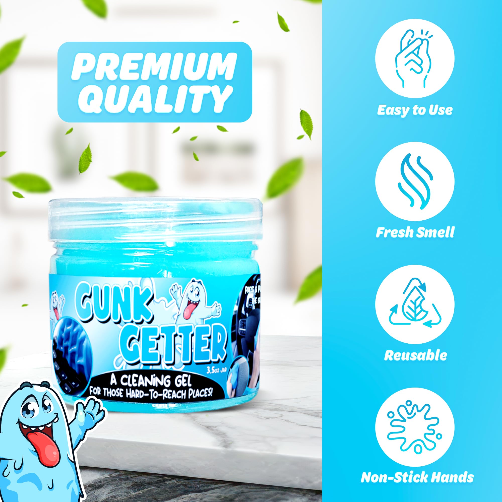 Gunk Getter 12 PACK Cleaning Gel for Those Hard to Reach Places, Automotive Cup Holder Electronic Keyboard Office, Slime Gel Cleaner Dust Crumb Removal (Jar, Blue, 3.5oz)