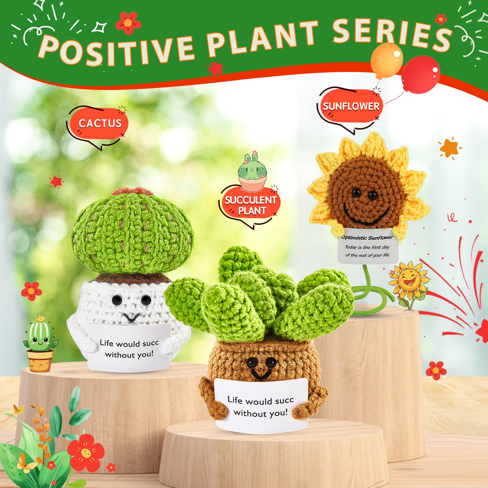 Gifts for Women Men Emotional Potato Pickle: 3Pcs Funny Crochet Dolls Christmas Stocking Stuffers Friends Coworkers Roommates College Students Sister with Cheer Up Cards (Cactus,Sunflower,Succulent)