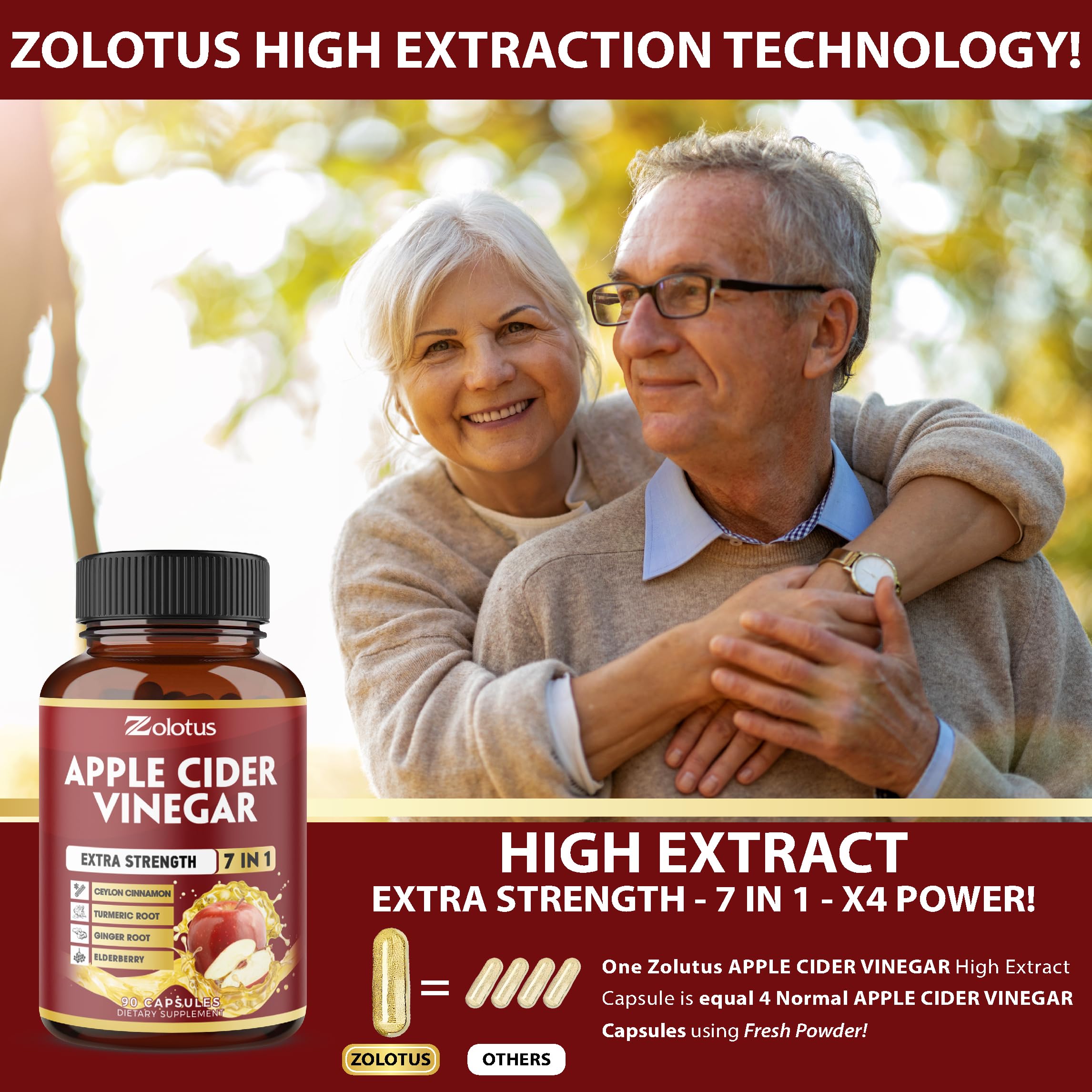 Zolotus 7 in 1 Apple Cider Vinegar Capsules, Equivalent to 3650mg, 3 Month Supply with Ceylon Cinnamon, Ginger Root, Turmeric, Elderberry, Best Supplement for Digestion, Immune