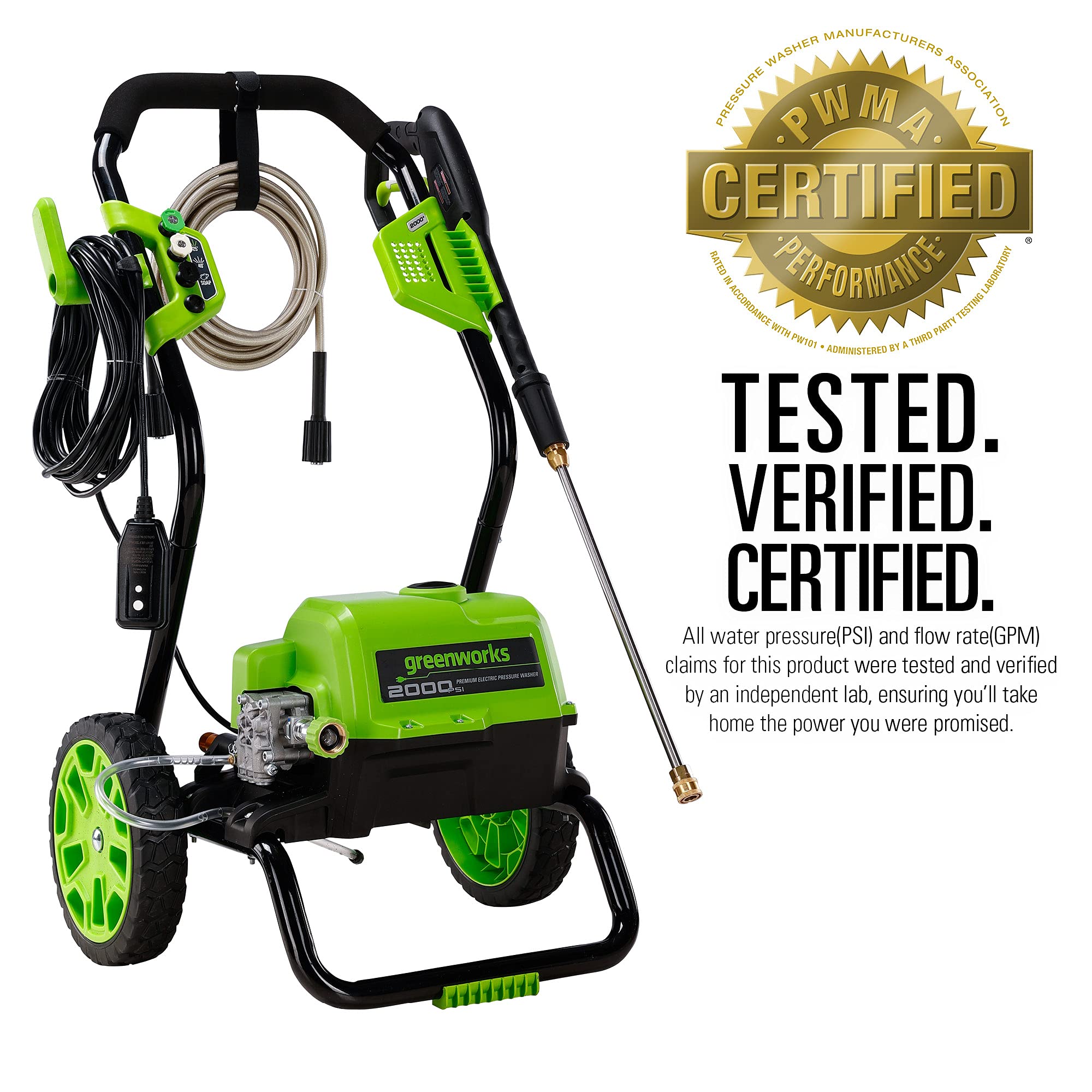 Greenworks 2000 Max PSI @ 1.1 GPM (13 Amp) Electric Pressure Washer (Black Frame) PWMA Certified, Green