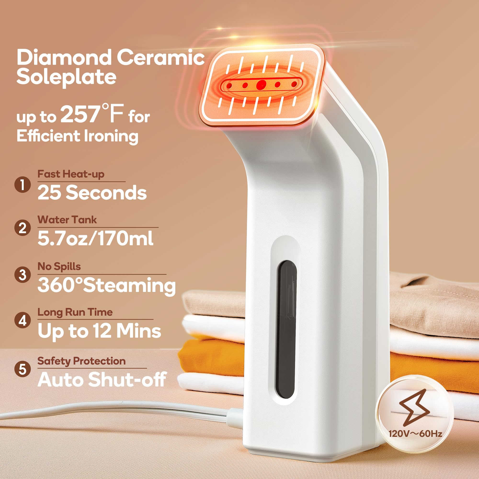 Newbealer Steamer for Clothes, Portable Steam Iron, Horizontal & Vertical Steaming, Dry Ironing, Non-Stick Ceramic Soleplate, 170ml Garment Wrinkle Remover, Auto-off, 1.2lbs Lightly (120V Only)