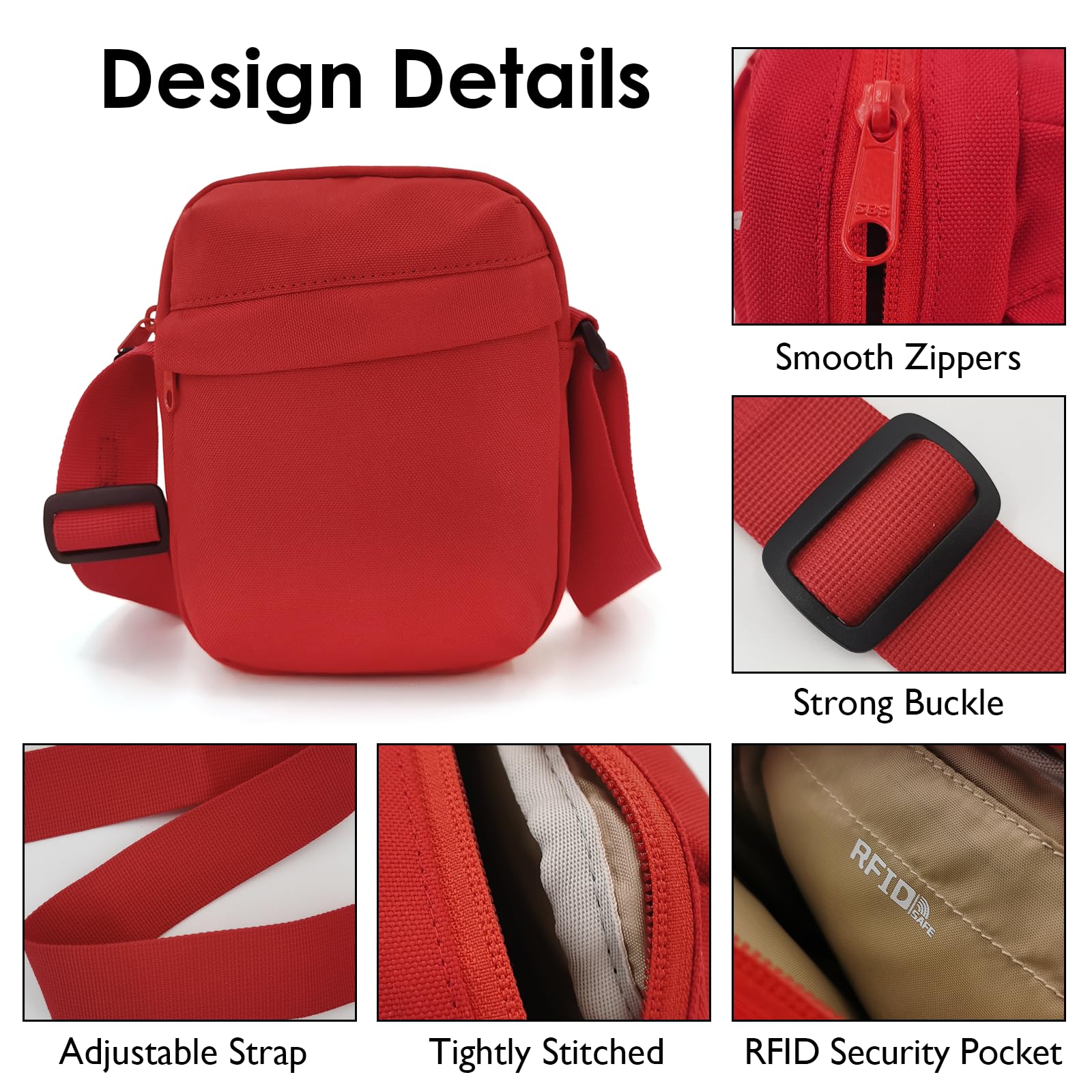 Unisex Small Crossbody Bag, Anti-Theft Side Shoulder Bag with RFID and Zipper Locked, Adjustable Heritage Mini Messenger Satchel Tote Bag for Men and Women, Red,S