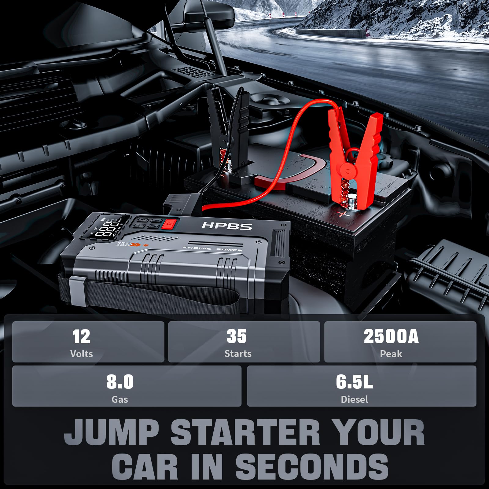 HPBS Jump Starter with Air Compressor - 2500A Portable Car Jump Starter with 150 PSI Tire Inflator for Up to 8.0L Gas and 6.5L Diesel Engines, 12V Jump Starter Box with LCD Display