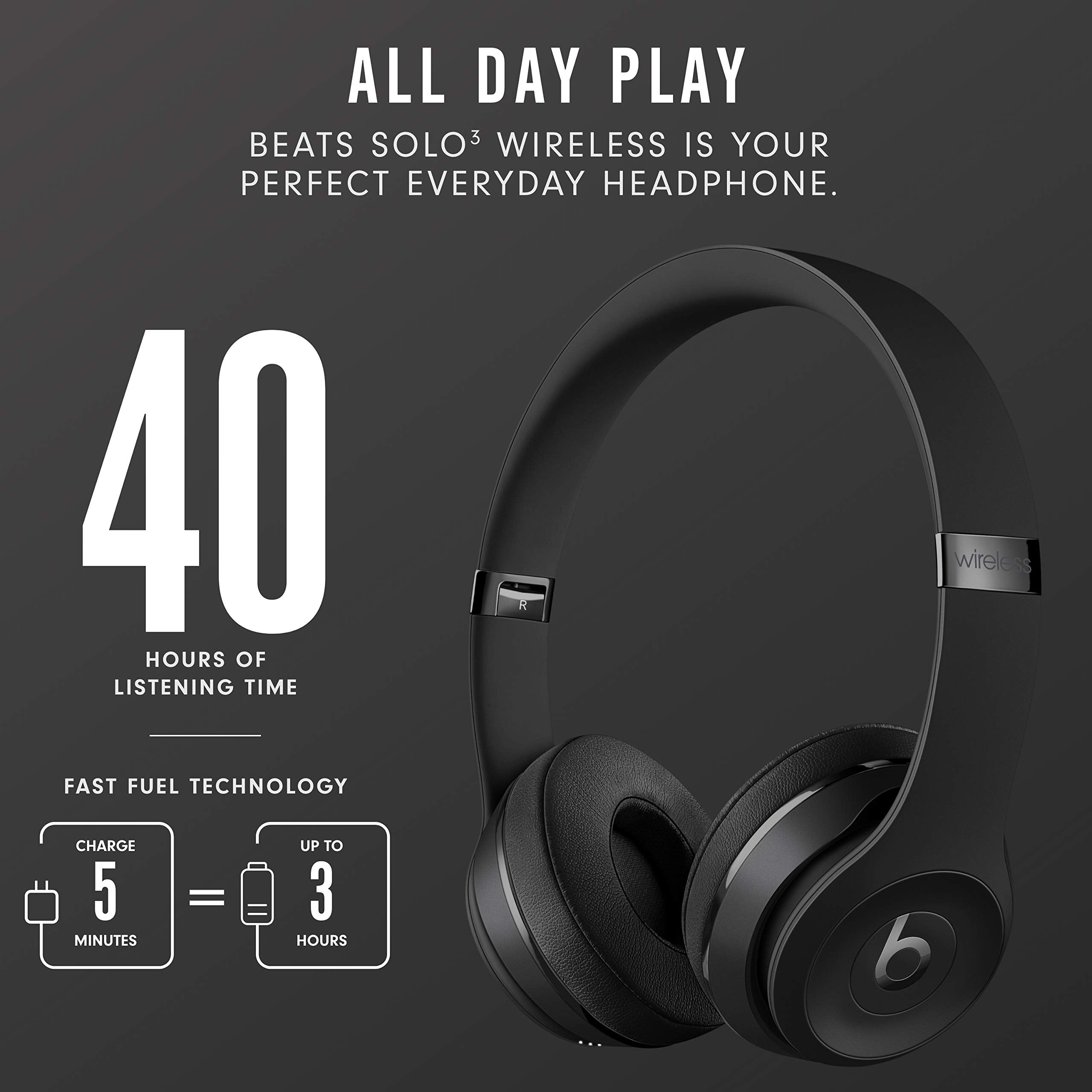 Beats Solo3 Wireless On-Ear Headphones - Apple W1 Headphone Chip, Class 1 Bluetooth, 40 Hours of Listening Time, Built-in Microphone - Black