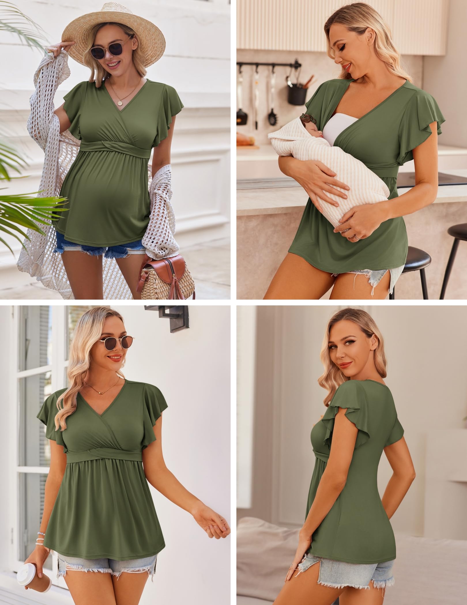 Ekouaer Maternity Shirts 3 Packs Flying Short Sleeve Nursing Tops Pregnancy Clothes Army green + grey + black M