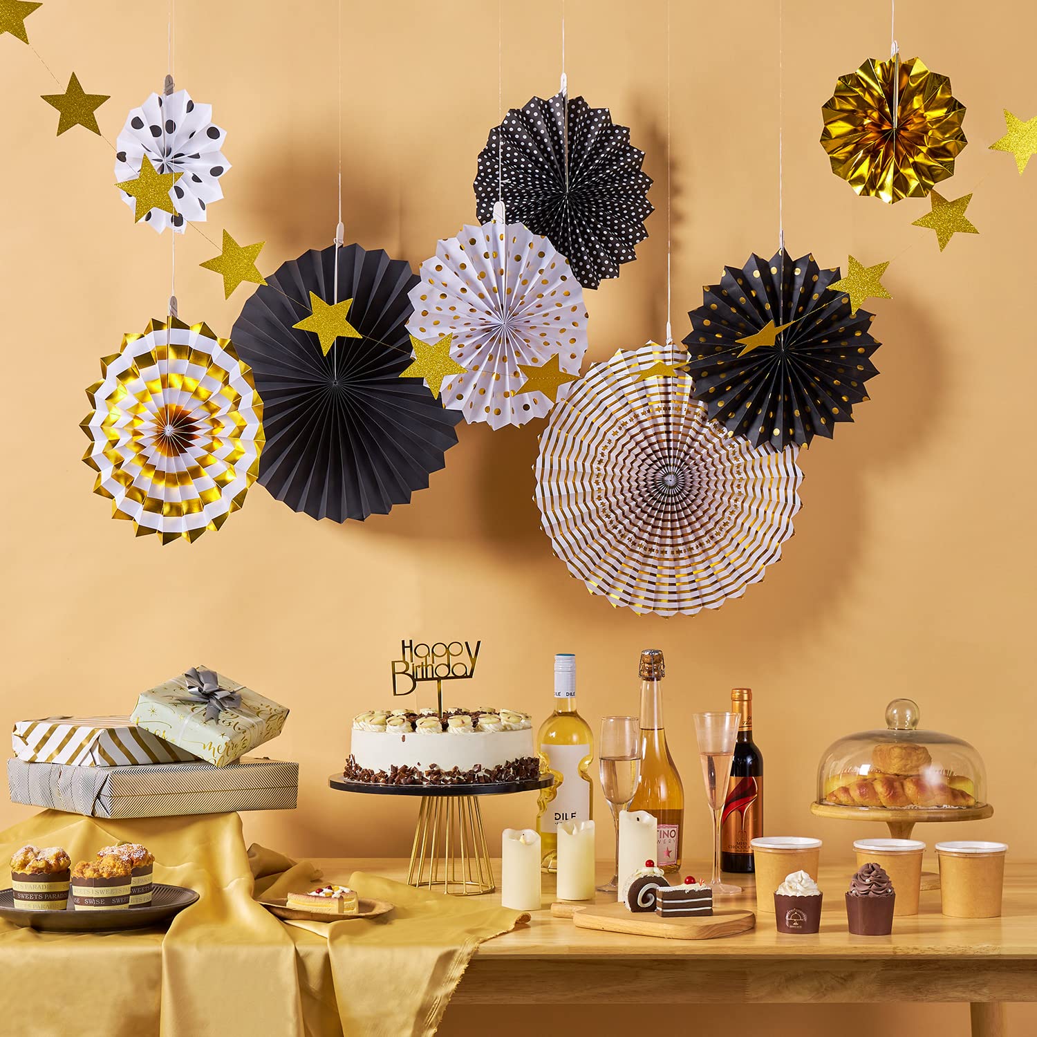 Easy Joy Gold Black New Year Party Decorations Classroom Decoration Hanging Paper Fans Party for New Years Eve Halloween Graduation Birthday Home Office