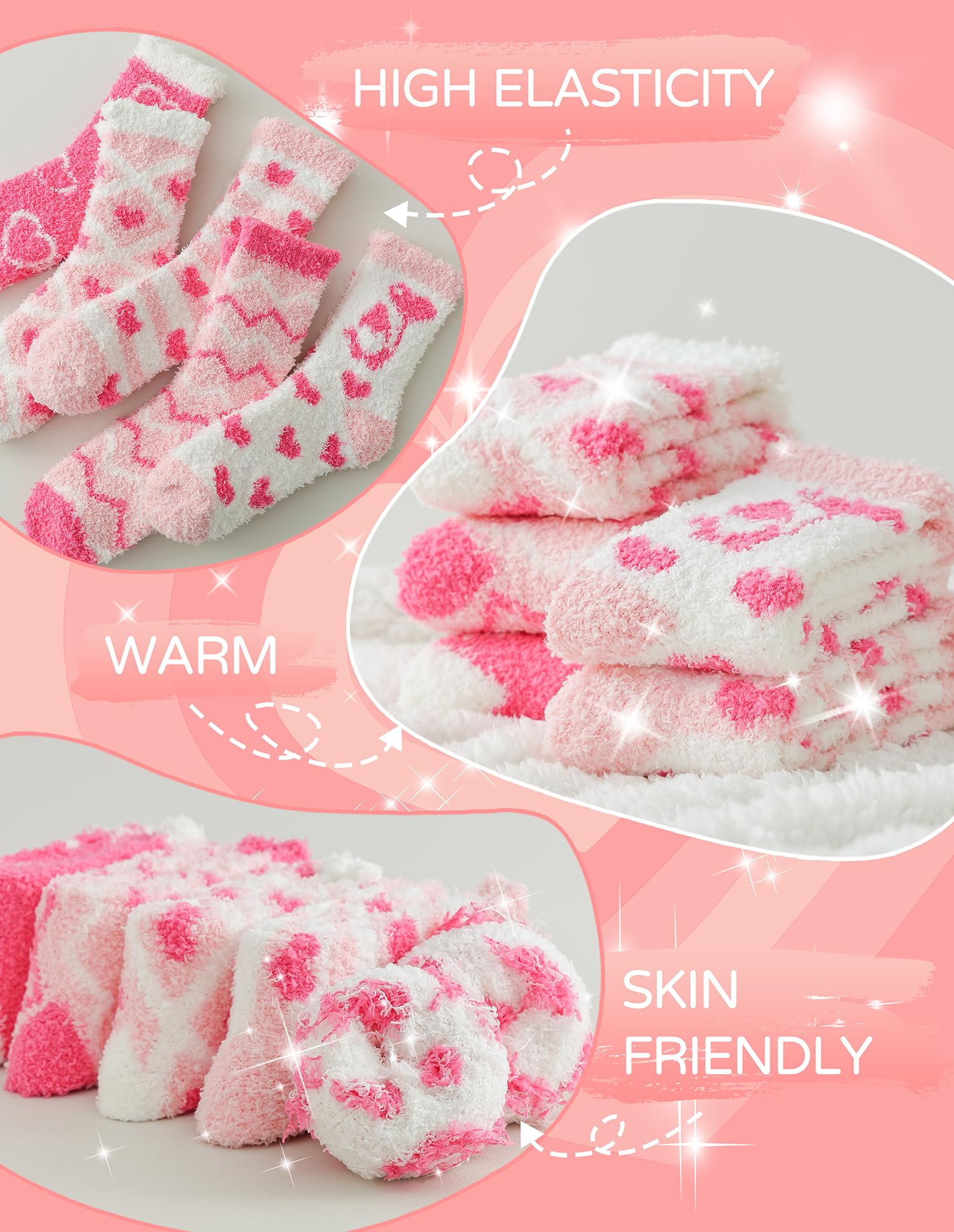 TEHOOK Valentines Gifts-Warm Fuzzy Cozy Fluffy Soft Socks-Pink Heart Valentines Socks-Valentines Day Gifts for Her Girlfriend Wife Women Girls-Valentines Basket Stuffers