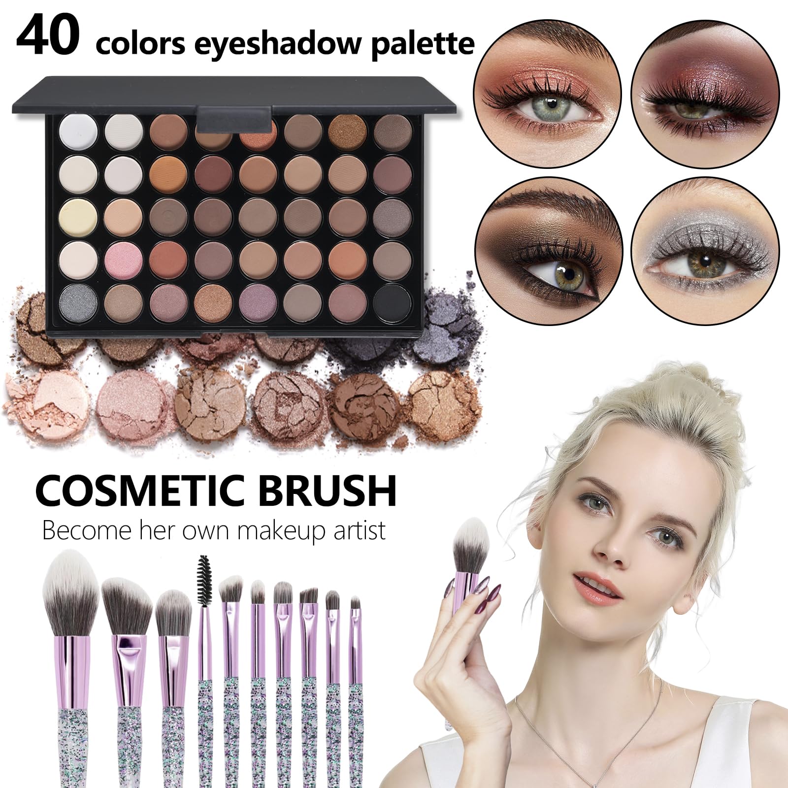 All In One Makeup Kit,Full Makeup Set For Wonmen Includes 40 Colors Eyeshadow Palette Lip Gloss Liquid Lipstick Make up Sponge Brushes Eyebrow Concealer With Makeup Bag