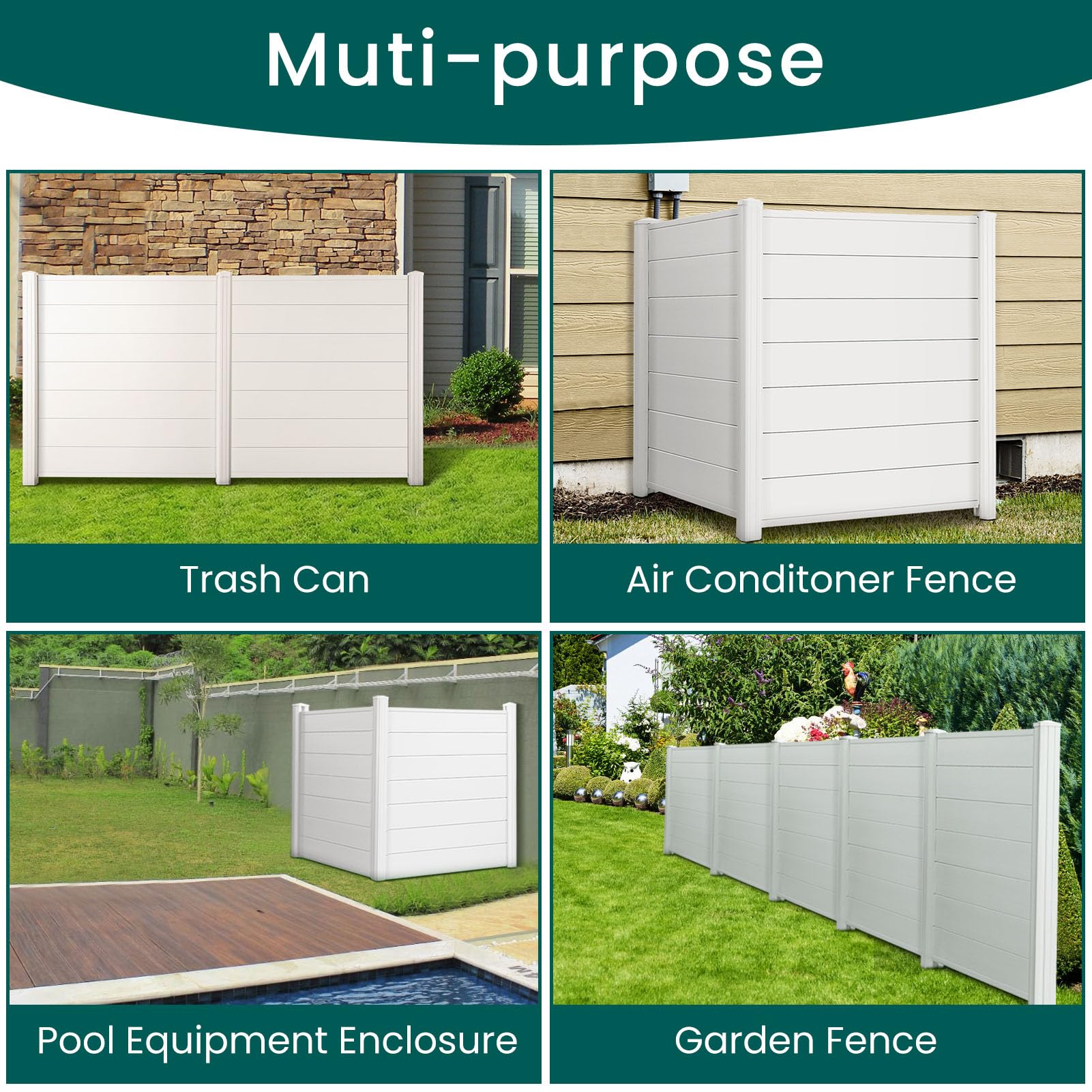 CEED4U 45" W x 45" H Privacy Fence Panels with Metal Stakes for Air Conditioner Trash Can and Pool Equipment, Vinyl Outdoor Garden Privacy Fence Screen 2 Panels