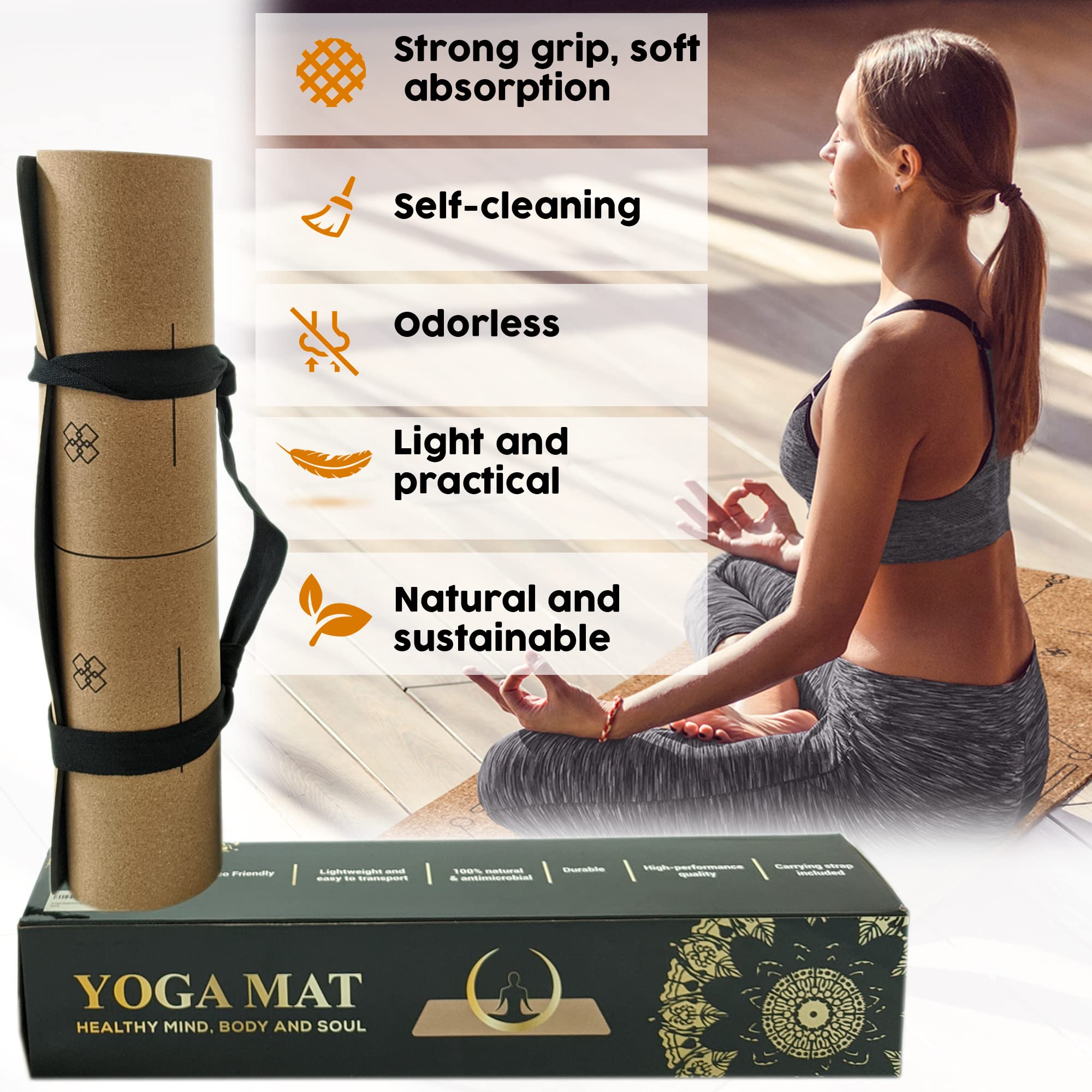 Natural Cork Yoga Mat 5.5mm thick Nonslip Hot Yoga Pilates with Carrying Strap and Lightweight - for hot Yoga and Outdoor or Indoor Yoga - brown chakra wheel design with alignment marks arc lines