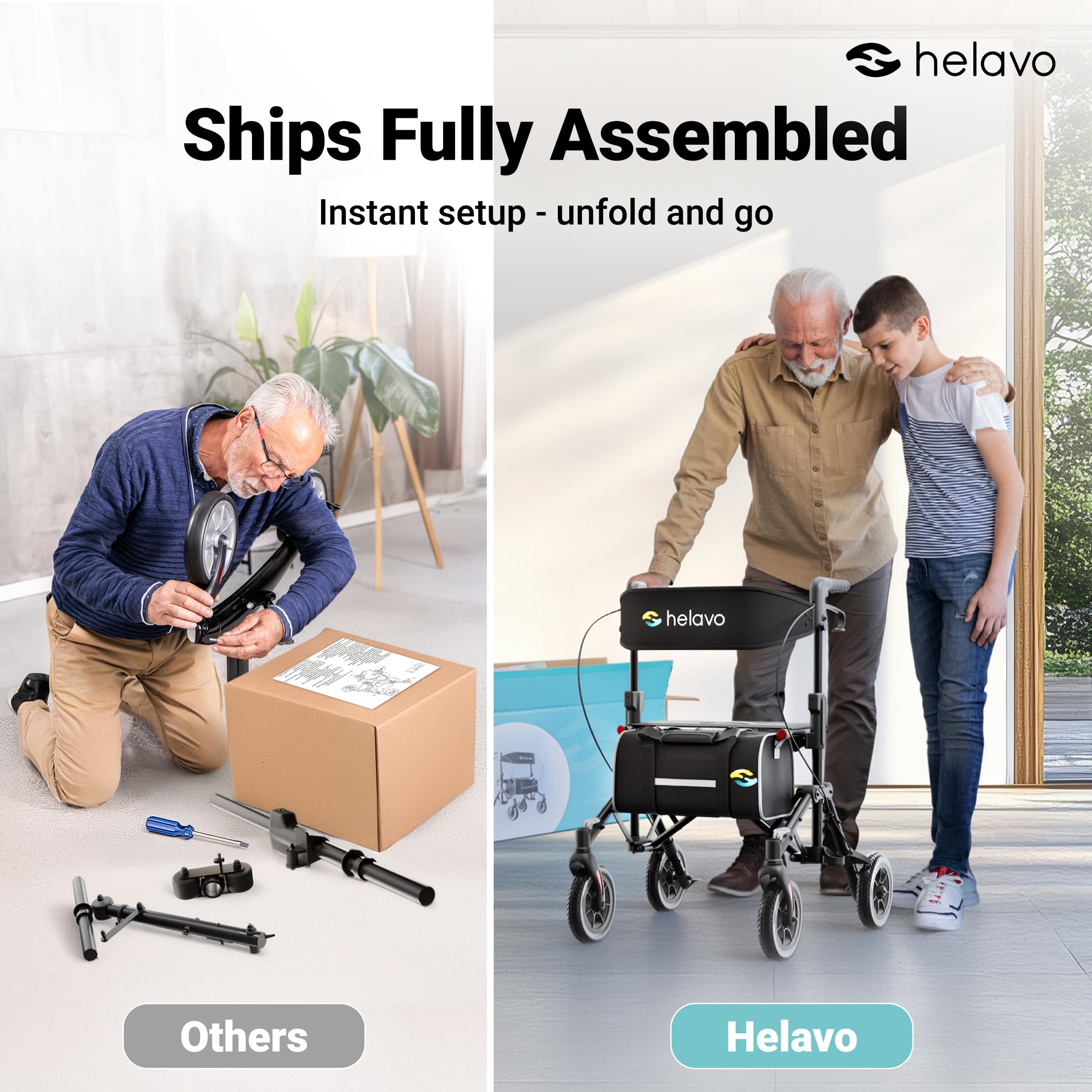 Helavo Ultra-Compact Walker for Seniors with Seat, Fully Assembled Double Folding Rollator, Travel Walker with 8" Rubber Wheels and Height Adjustable Handles
