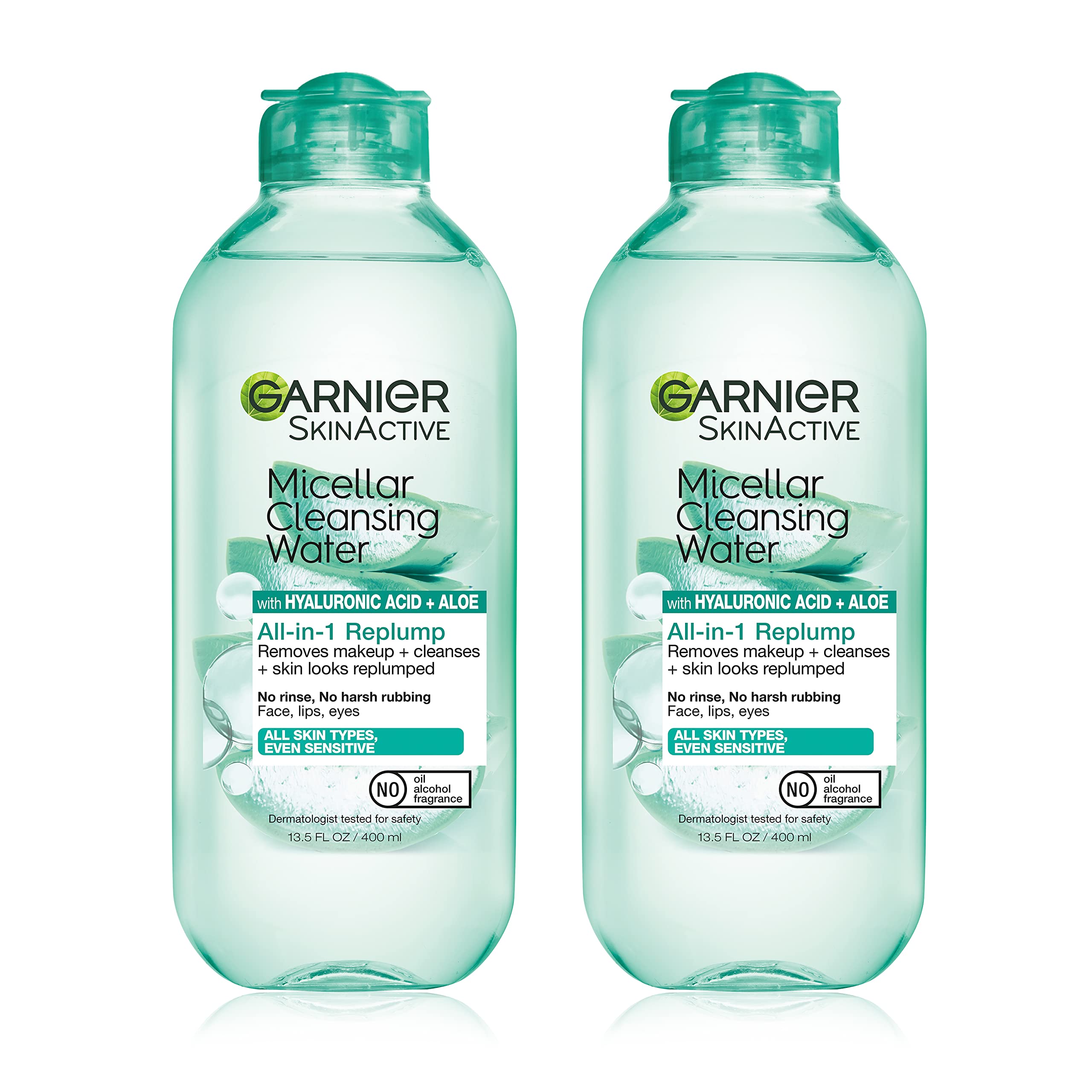 Garnier Micellar Water with Hyaluronic Acid, Facial Cleanser & Makeup Remover, Hydrating and Plumping, For All Skin Types, Vegan, Cruelty Free, 13.5 Fl Oz (400mL), 2 Count