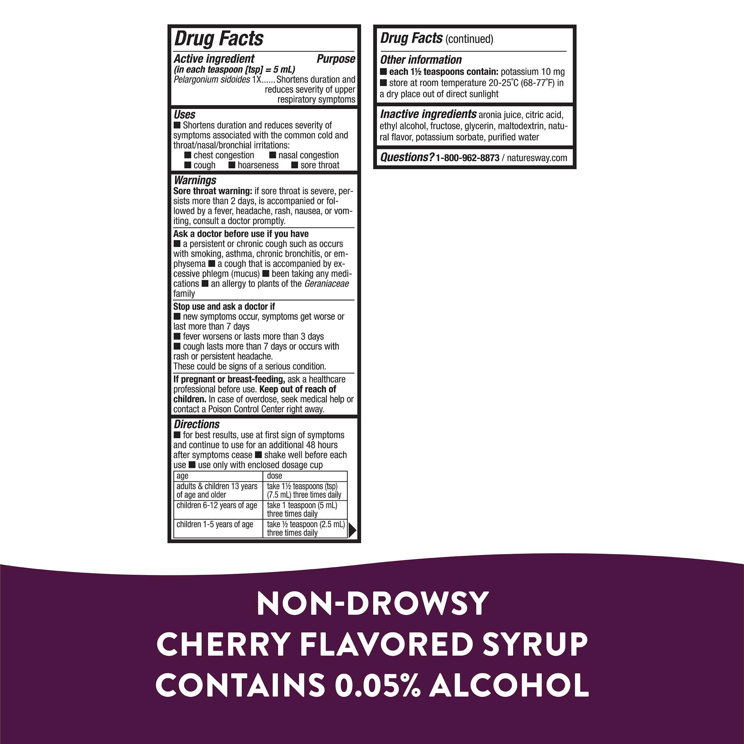 Nature's Way Cold Relief Syrup for Kids 1+, Umcka, Shortens Duration & Reduces Severity, Multi-Symptom Cold Relief, Homeopathic, Phenylephrine Free, Cherry Flavored, 4 Fl Oz (Packaging May Vary)