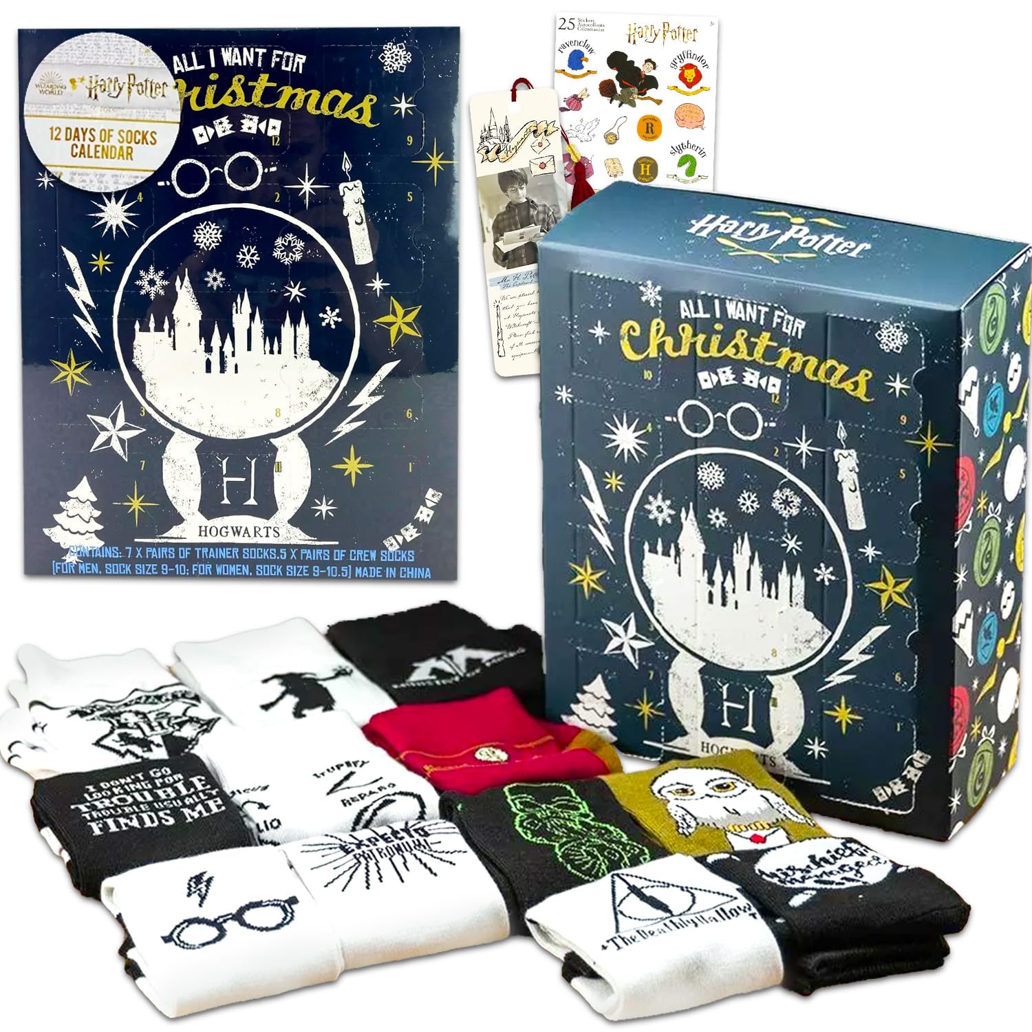 Harry Potter Christmas Advent Calendar Sock Set - 2024 Gift Box with 12 Pair of Socks Featuring Hogwarts, Harry Potter, More Plus Stickers | Harry Potter Christmas Countdown