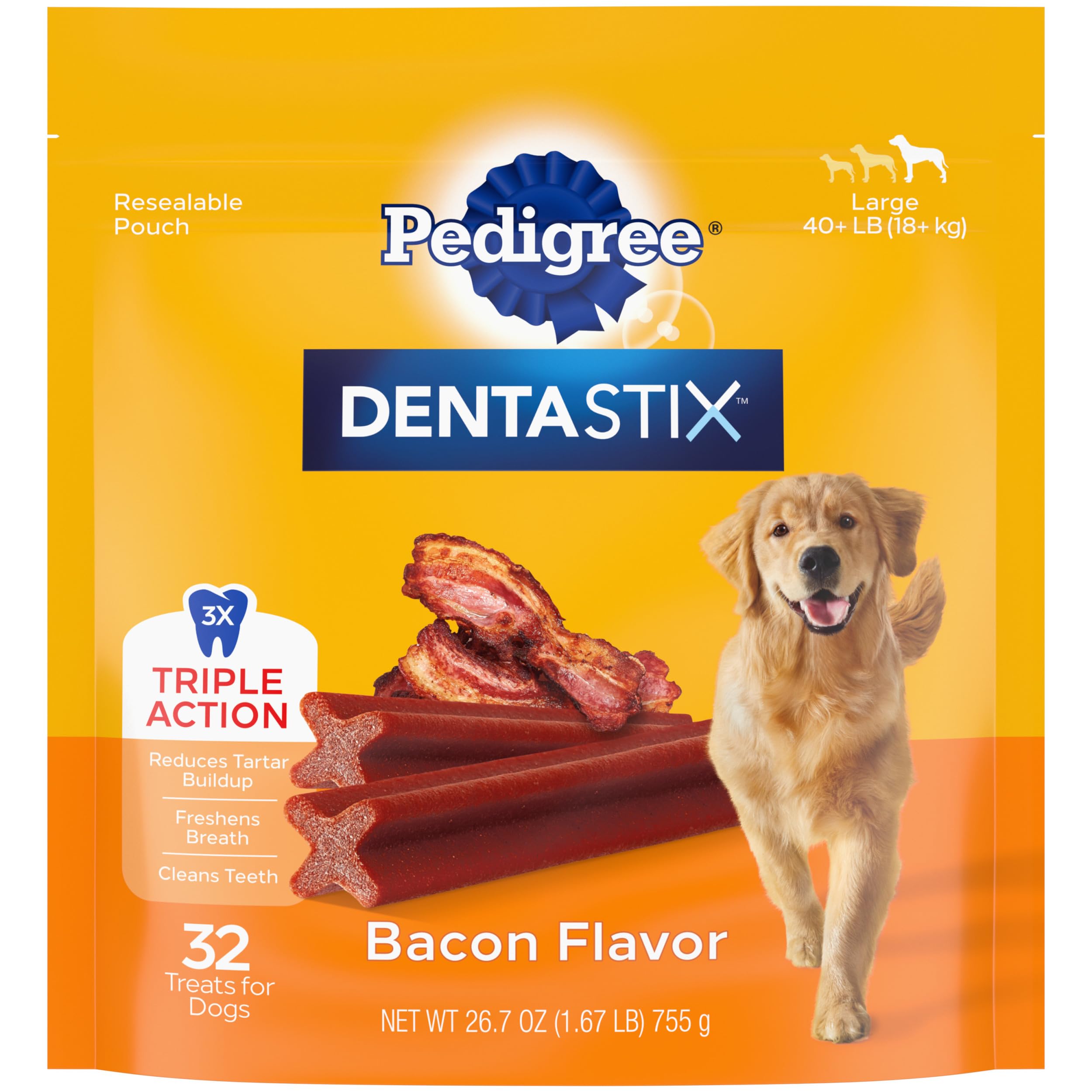 PEDIGREE DENTASTIX Large Dog Dental Treats Bacon Flavor Dental Bones, 1.72 lb. Pack (32 Treats)