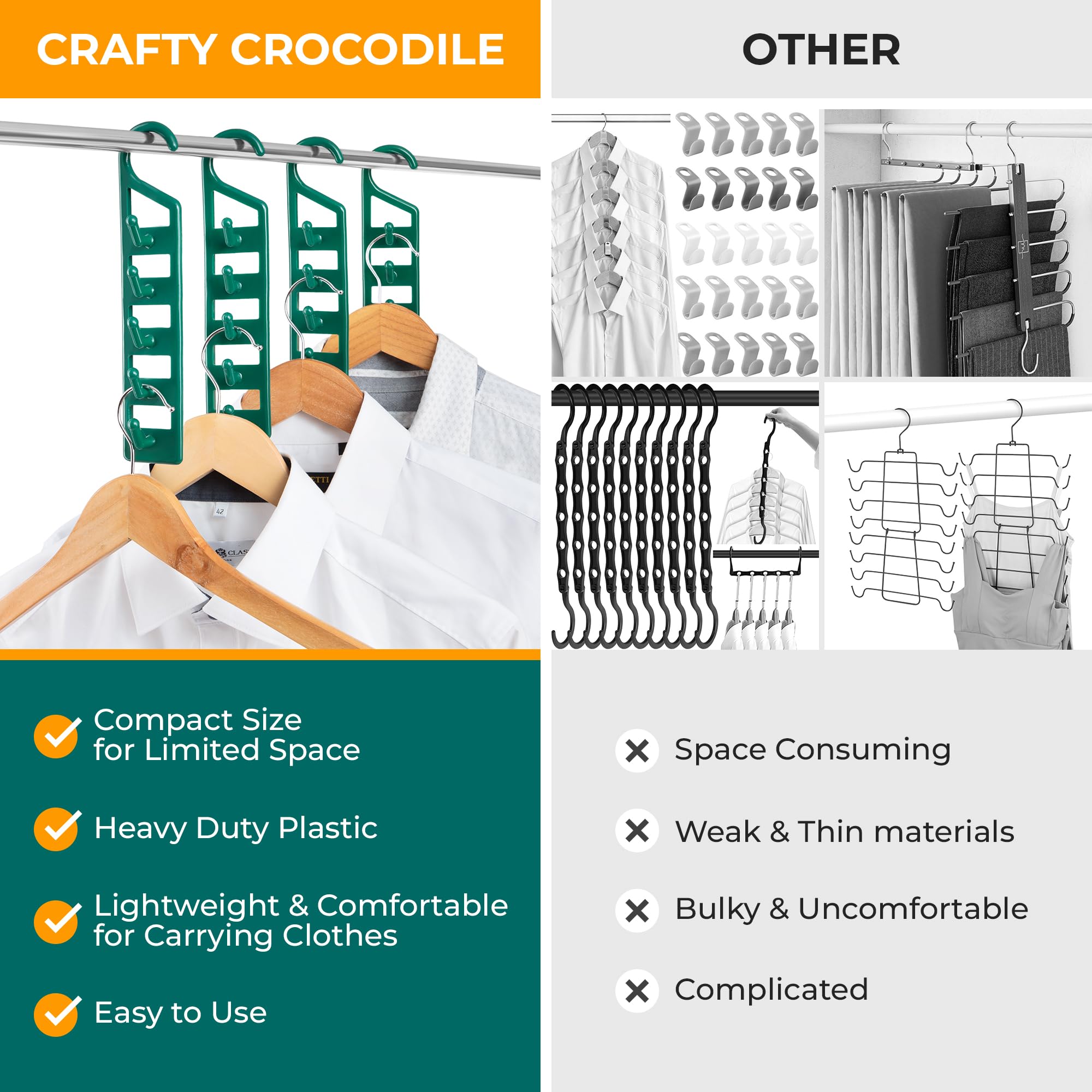 CraftyCrocodile Space Saving Hangers for Clothes - 10 in Pack, Heavy Duty Plastic, Multi Closet Space Savers for Shirts, Pants, Jeans, Sweaters - Hanger Organizer Space Saver