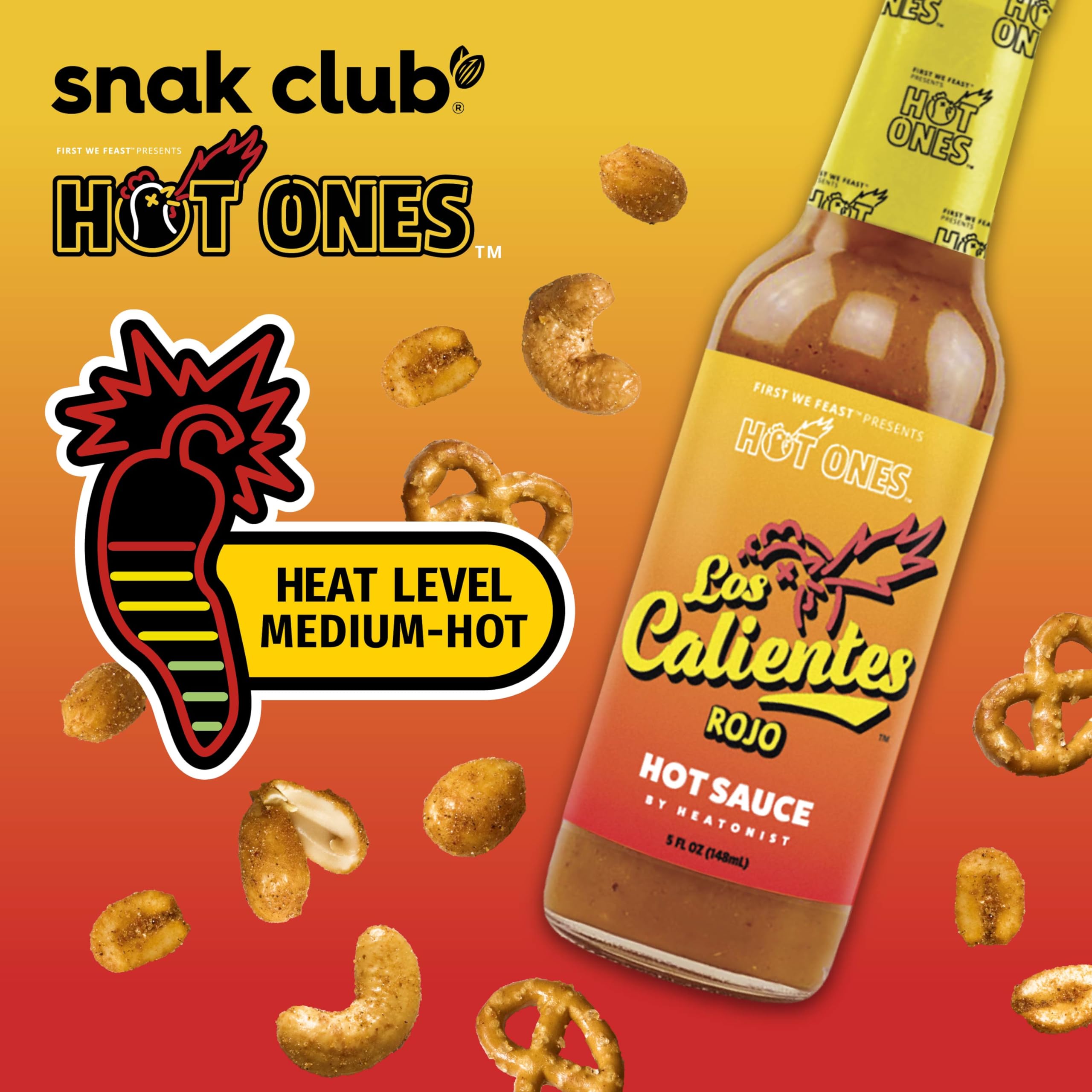 Snak Club x Hot Ones Hot Habanero Snack Mix, Spicy Snacks with Peanuts, Pretzels, Sesame Sticks, Toasted Corn & Cashews, Inspired by Hot Ones Hot Sauce, 2 oz Bag (12 Count)