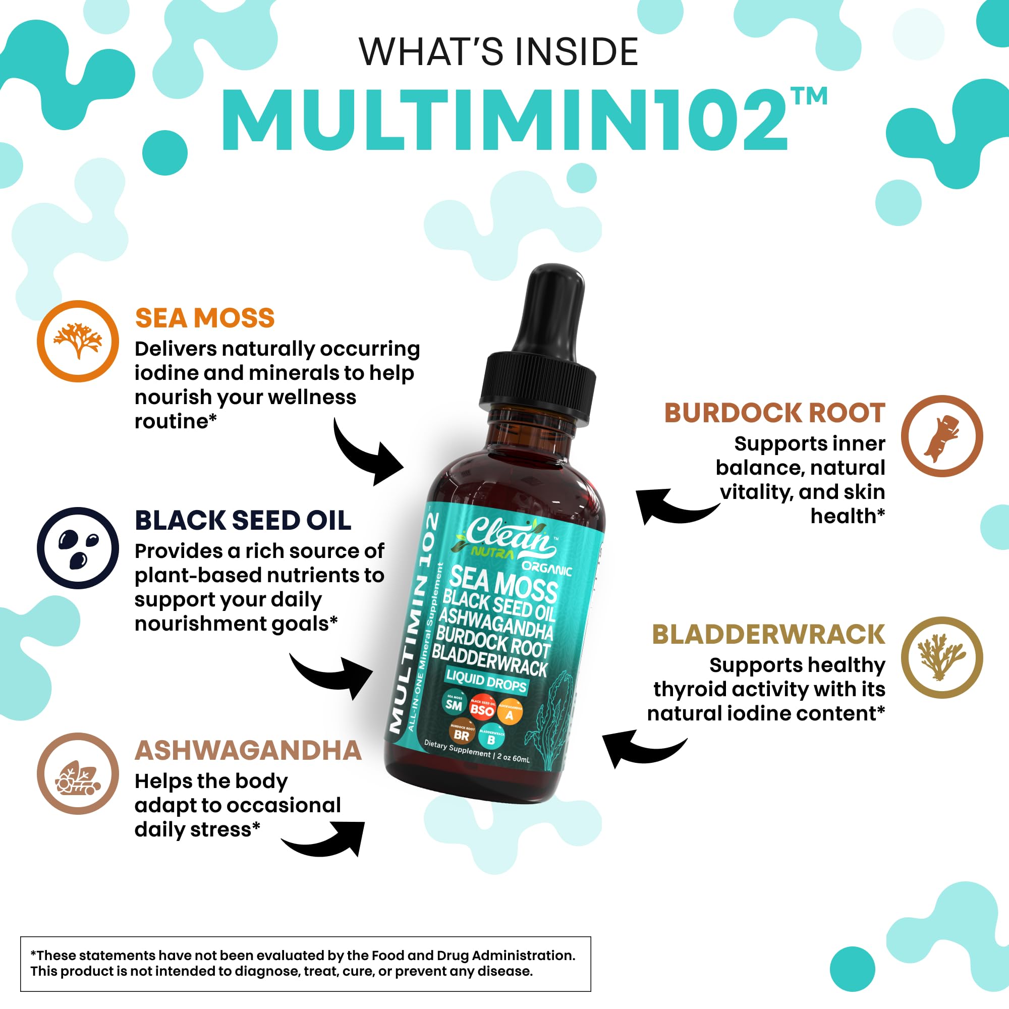 Clean Nutra Organic Sea Moss Drops Supplement | Black Seed Oil Irish Seamoss Ashwagandha Burdock Root & Bladderwrack - Multimineral Liquid Vegan for Gut Heath Energy Skin Immune Support & Hair