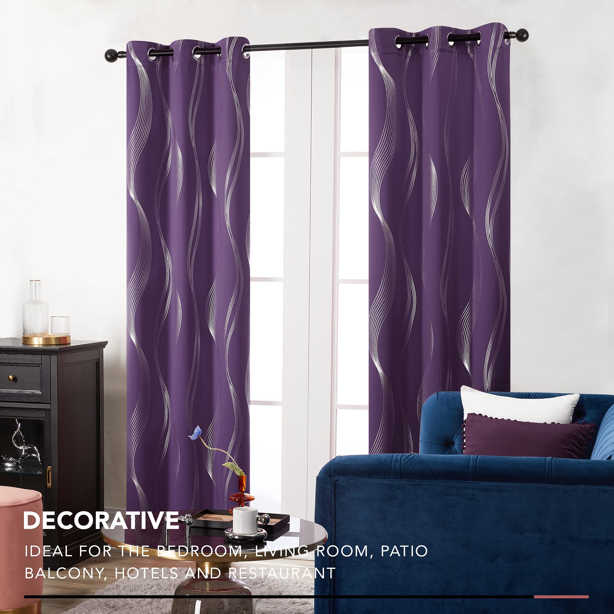 Deconovo Blackout Curtains, Wave Foil Printed Decorative Curtains for Girls Room, Thermal Insulated Grommet Drapes, 42x54 Inch, 2 Panels, Purple Grape