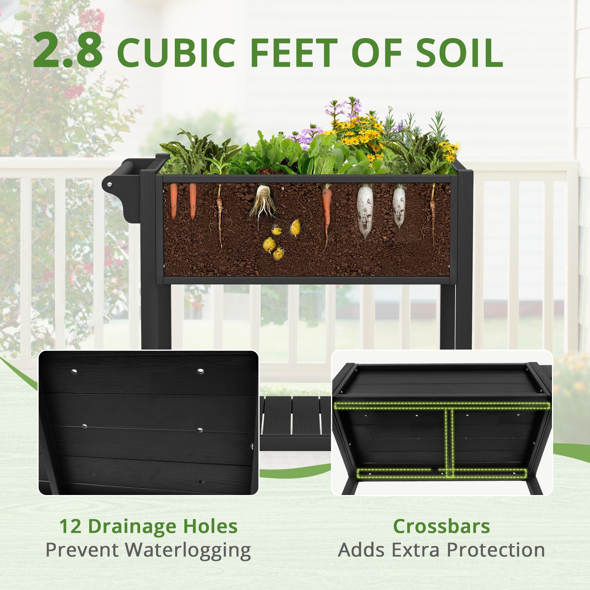 LUE BONA Raised Garden Beds Outdoor, 40 x 21 x 34 in, Raised Garden Bed with Wheels Lockable & Handlebar, Raised Garden Bed with Legs, HDPS Weather Resistant Herb Garden Planter Outdoor, Black