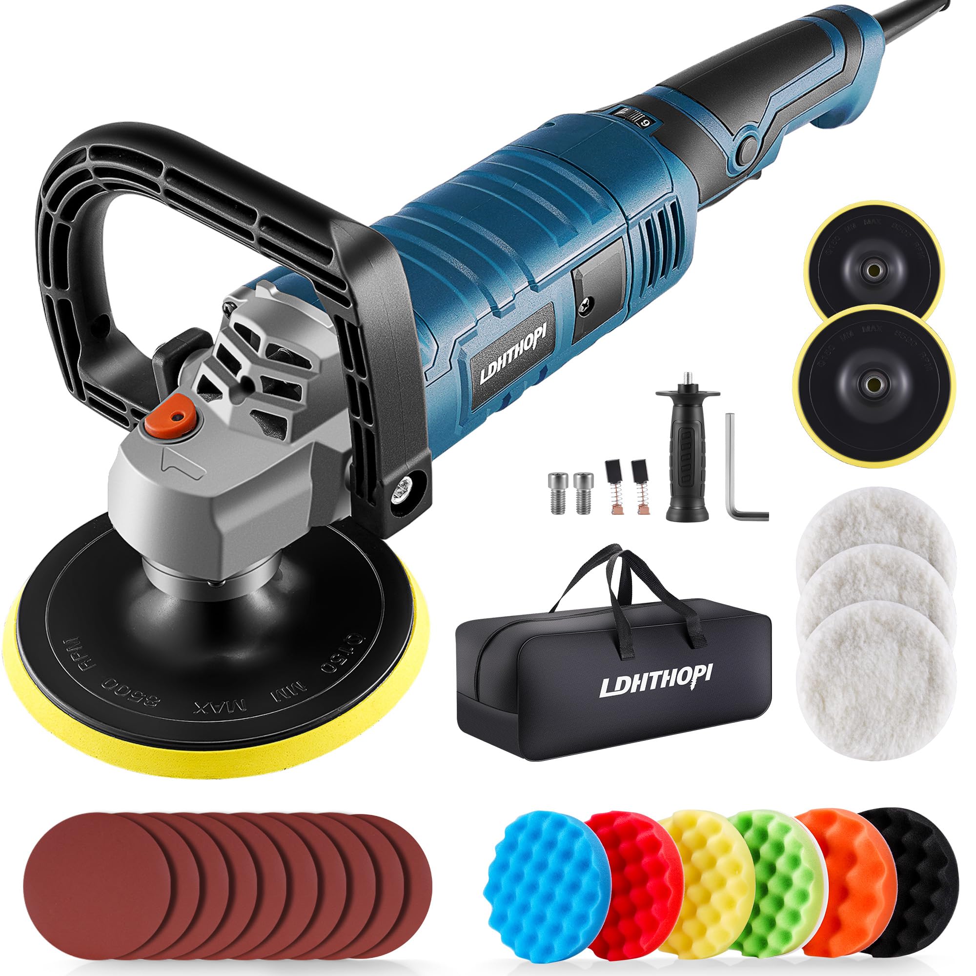 LDHTHOPI Buffer Polisher, 1600W 7 Inch/6 Inch Rotary Buffer Polisher Waxer, 7 Variable Speed 1000-3500 RPM, Detachable Handle for Car, Boat Sanding, Polishing, Waxing