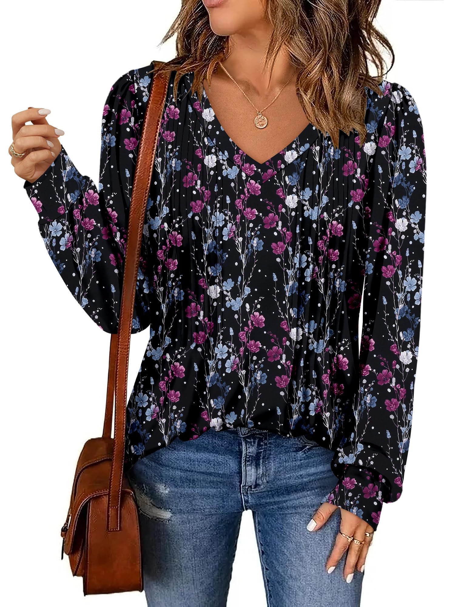 BETTE BOUTIK Womens Blouse Boho Long Sleeve Business Casual Shirt Fall Trendy Winter Loose Cute V Neck Flowy Tunic Tosp Plus Size Floral Pleated Tees Plum Black 3X
