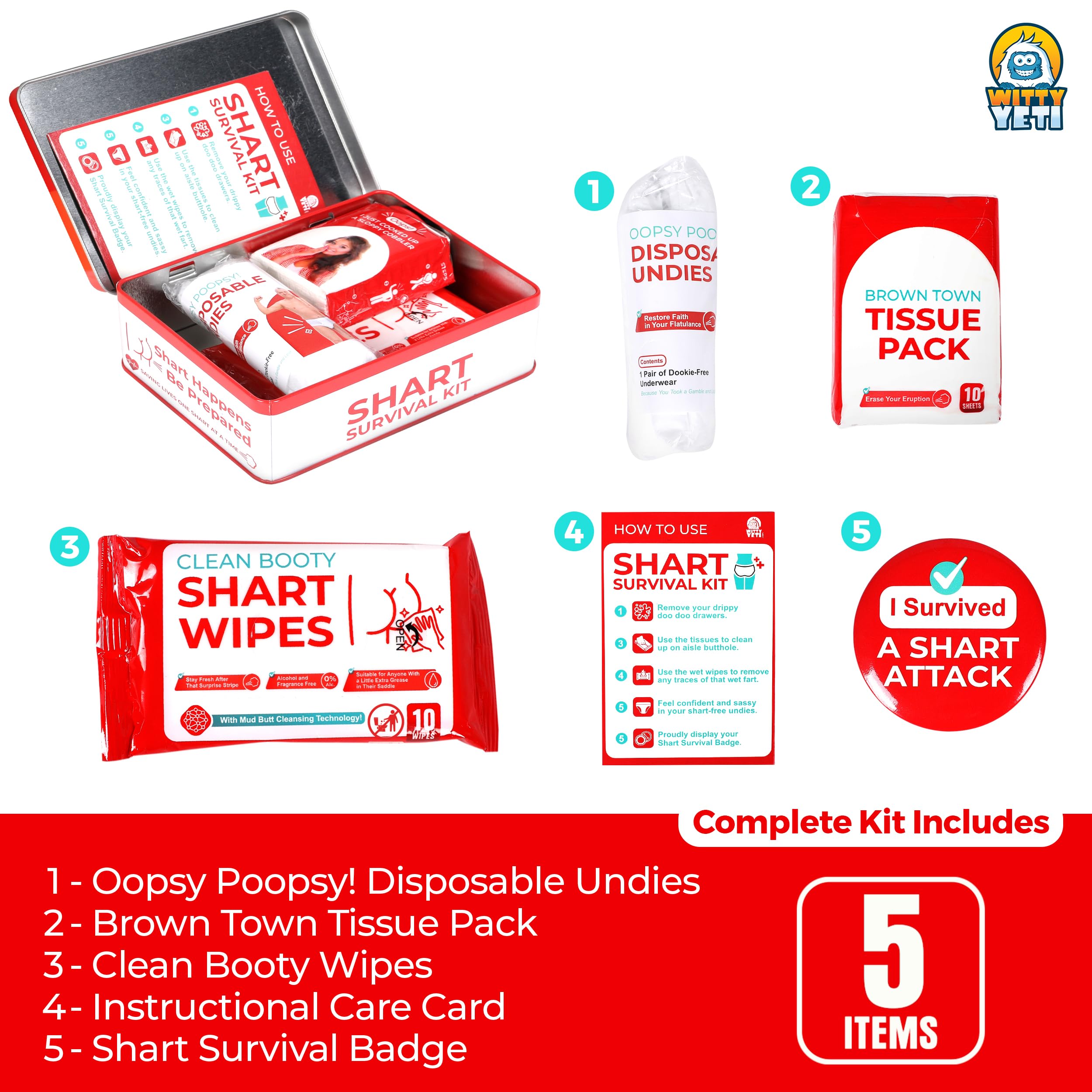 Funny Shart Survival Kit by Witty Yeti. Ultimate Poop Prank Gag Gift Set Contains Wet Wipes, Disposable Underwear, Tissues and Hilarious Badge. Novelty Fart Potty Pack Great for Friends or Family