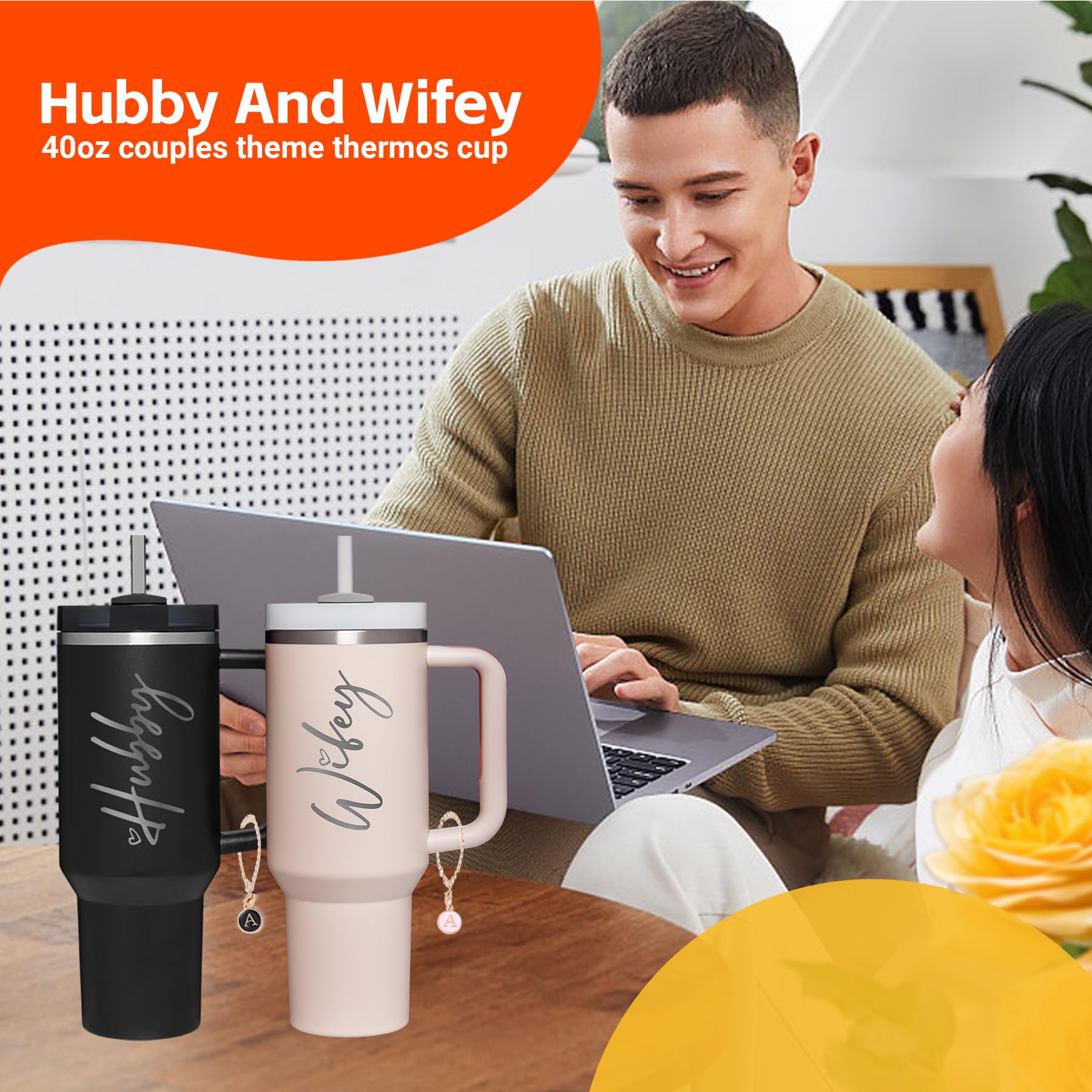 JETIKON Wifey Hubby 40 oz Tumbler Cup for Couples with Handle Lids Straws Letter Charm Accessories 2 Pack Wedding Gifts for Couples 2024 Engagement gift Bridal Shower Gift for Bride Groom Newlyweds