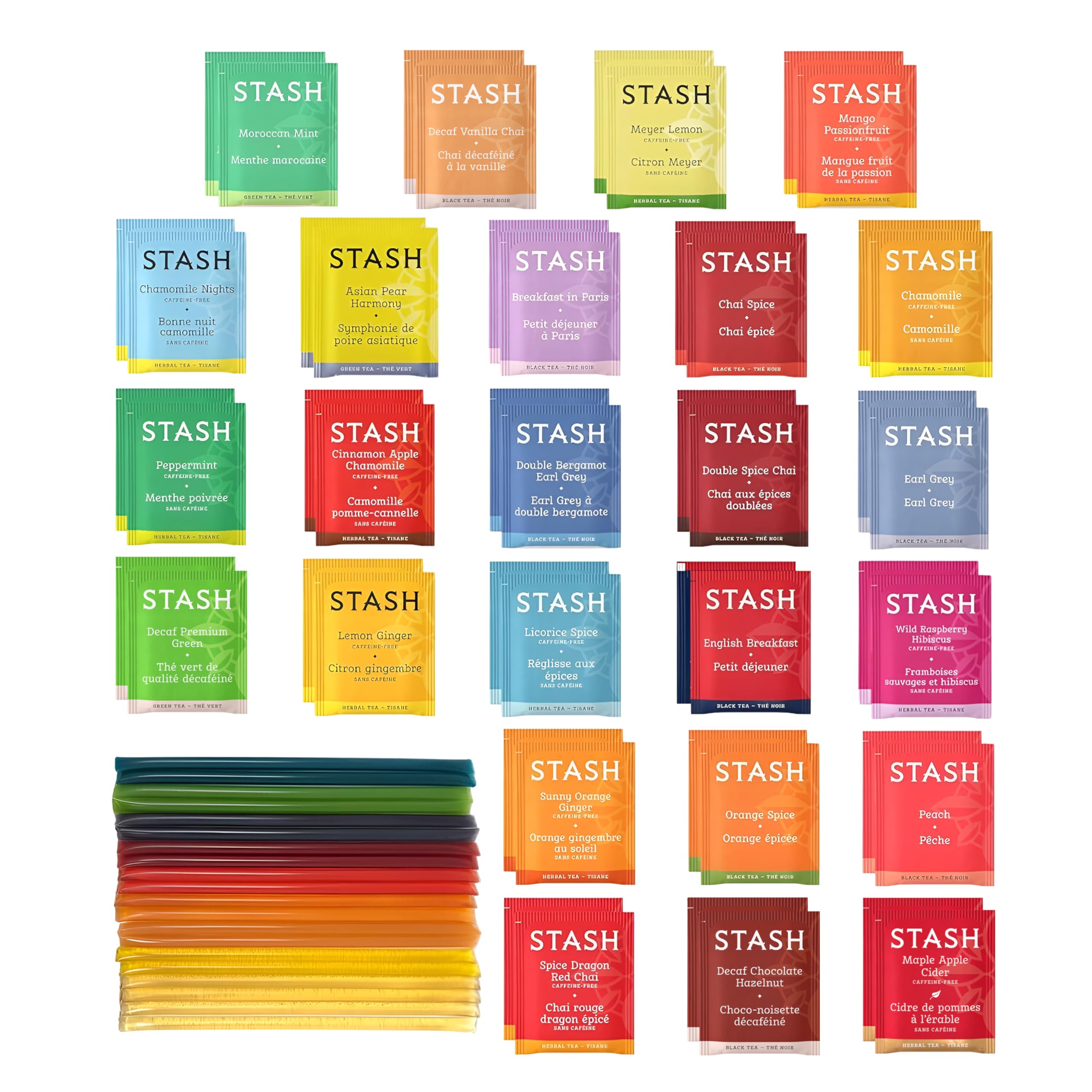 70Pcs Stash Tea Variety Pack, 25x2 Assorted Tea Flavors with 20 Honey Sticks, Tea Sampler with Herbal, Green, Black, and Chai Tea Bags