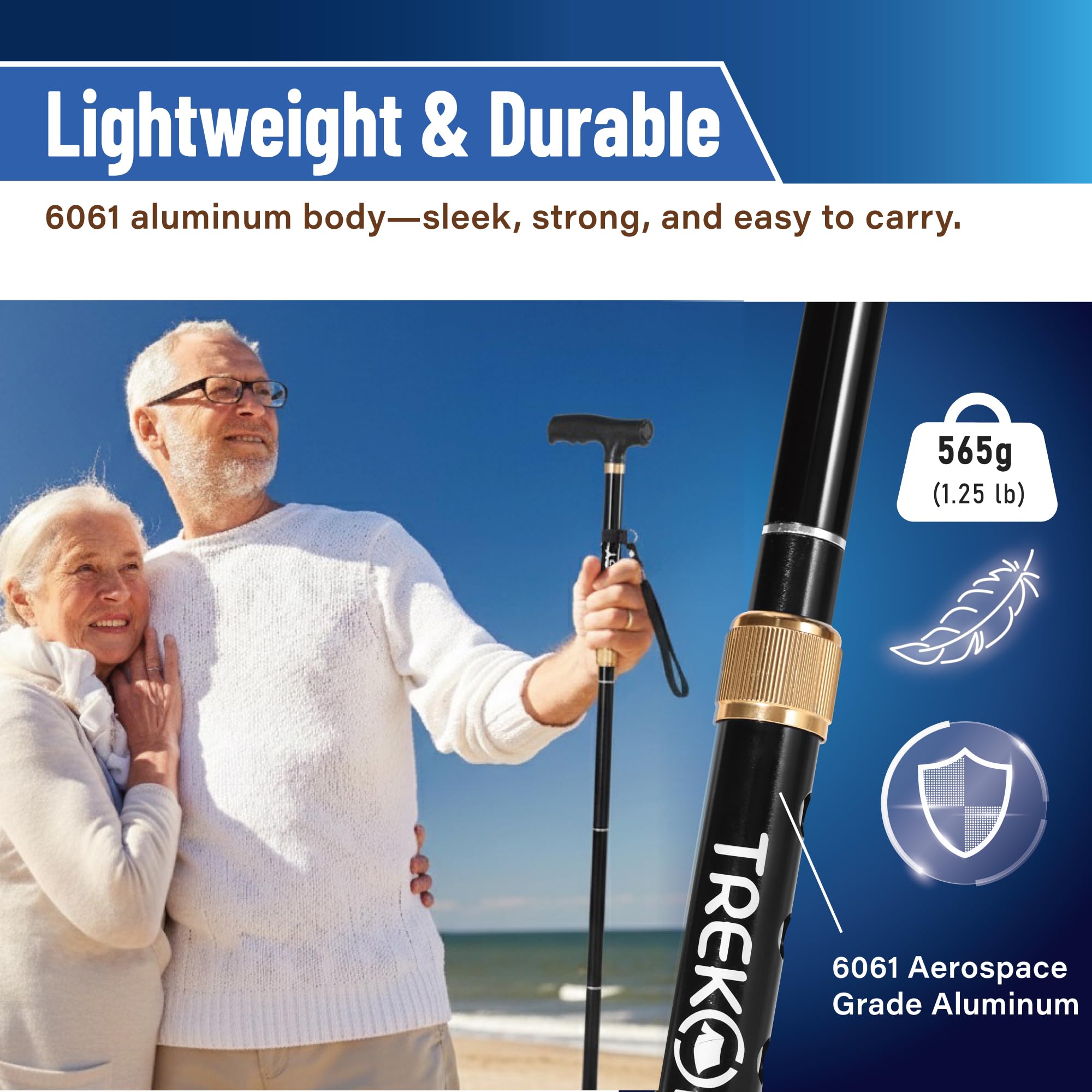 Trekology Foldable Walking Cane for Seniors - Folding Walking Stick for Men and Women with Quad Self-Standing Base for Stability & Balance - Adjustable, Lightweight with Locking Design - Travel Ready