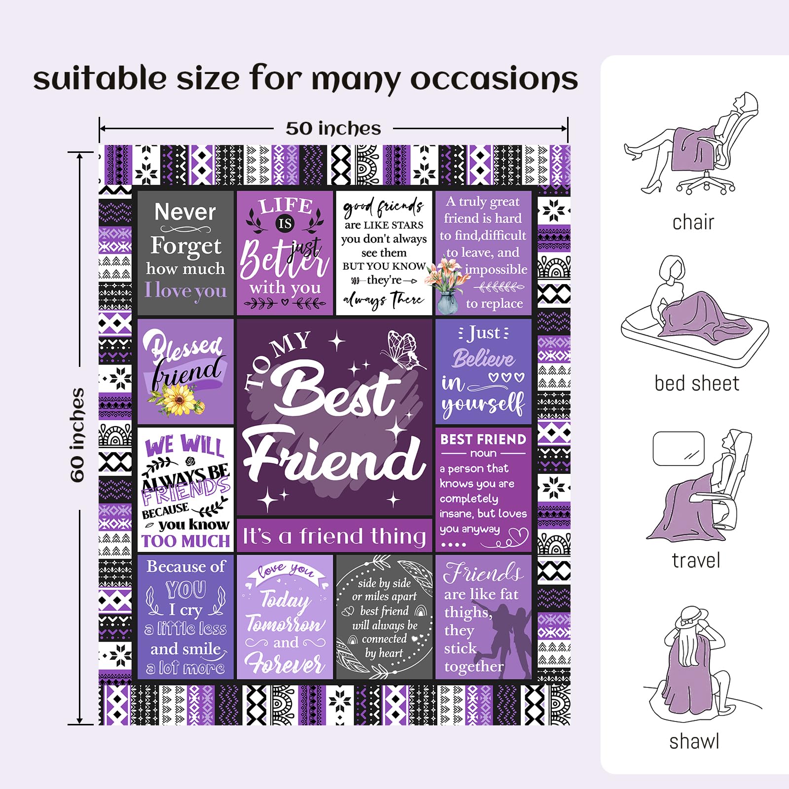 Ueedklaayy Best Friend Blanket Gifts, Best Friend Birthday Gifts for Women - Friendship Gift to My Best Friends, Bestie, BBF, Soul Sister, Long Distance Blanket Present 50x60in