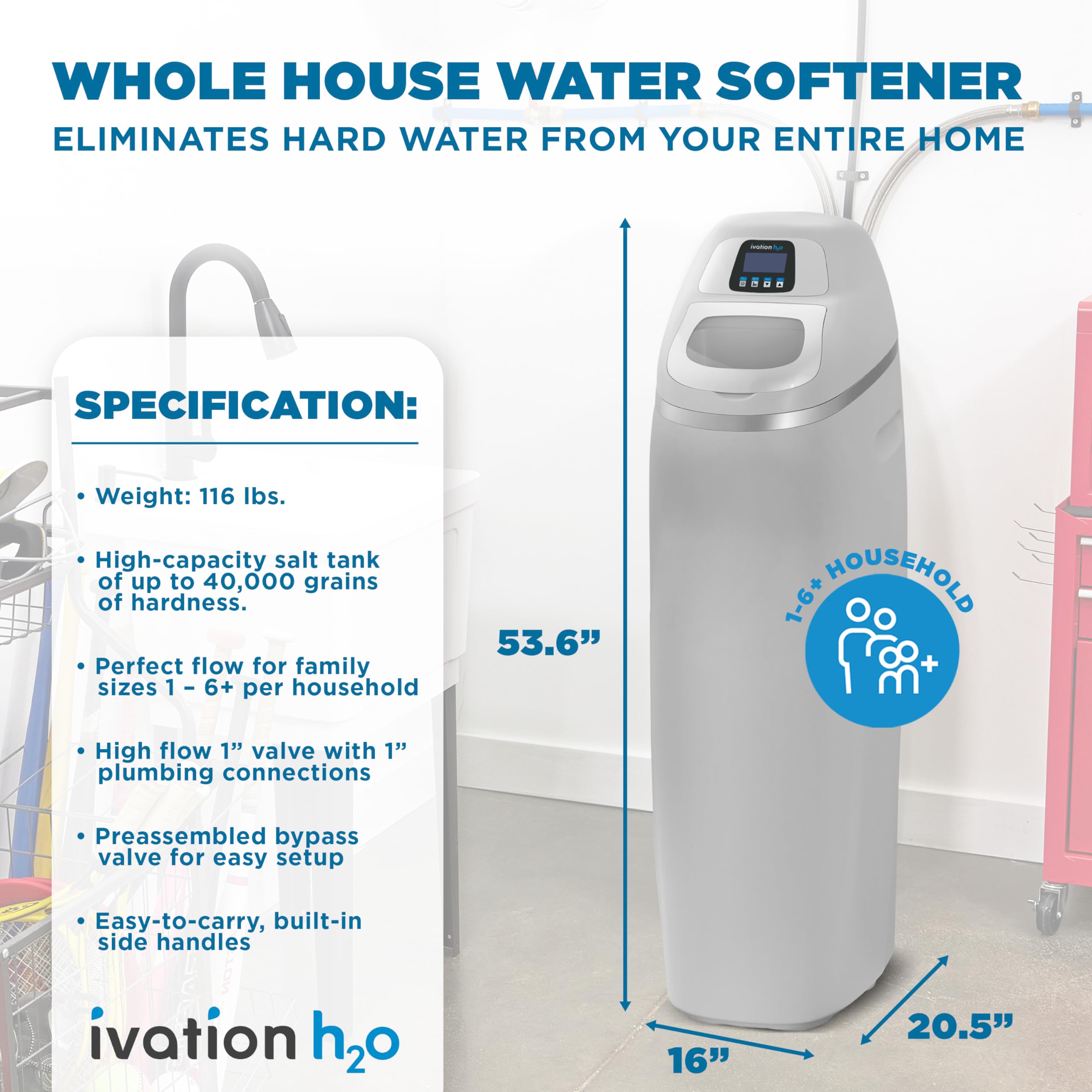 Ivation H2O 40,000 Grain, Water Softener System, Water Softner, with Patented Ceramic Discs, Automatic Whole House Soft Water Regeneration Reduces Magnesium & Hard Minerals & Improves Water Quality
