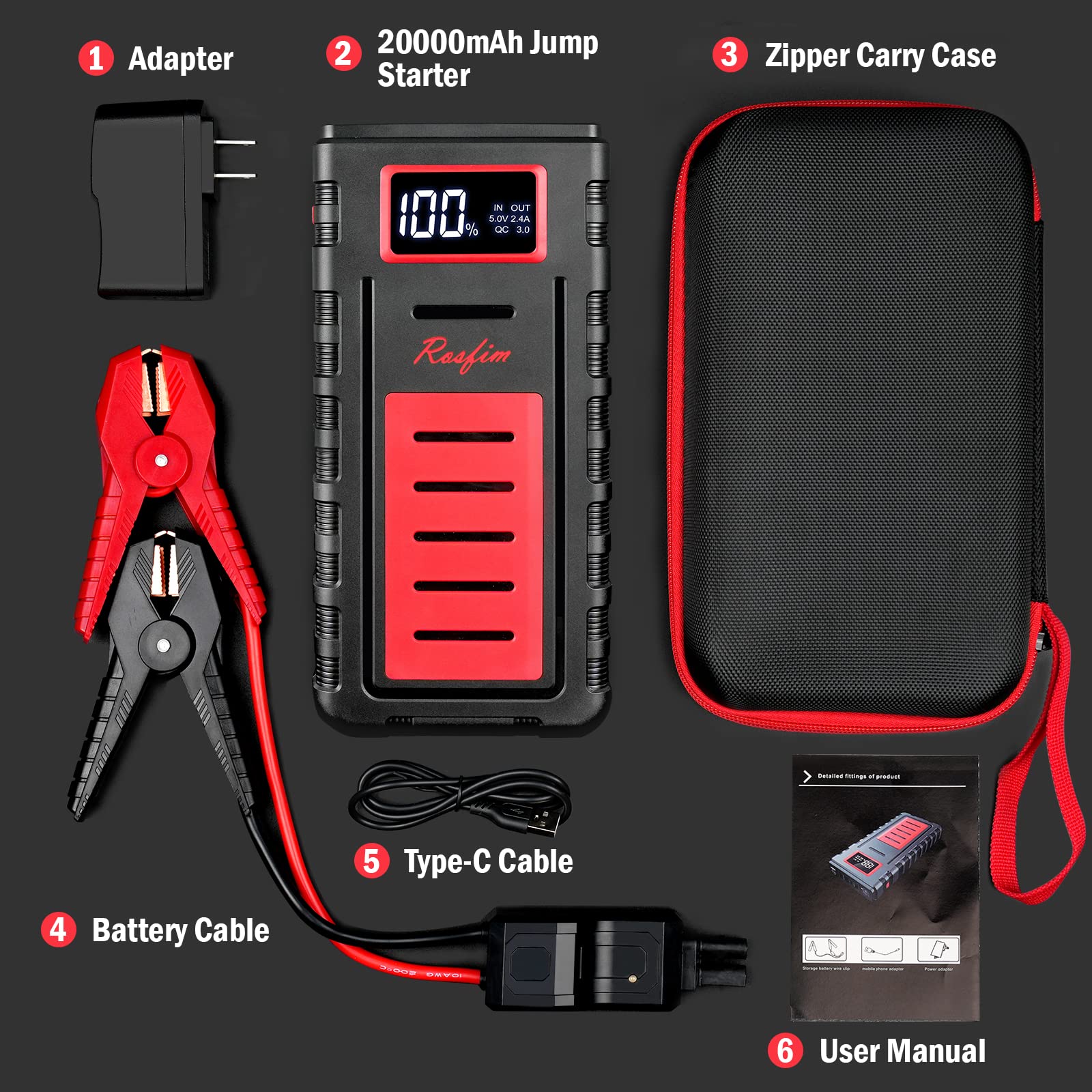 Portable Car Jump Starter, Rosfim 2000A Jump Starter Battery Pack for up to 8.5L Gas and 6.5L Diesel Engines,12V Auto Battery Booster, USB-C PD 65W Power Bank Charger with LCD Display