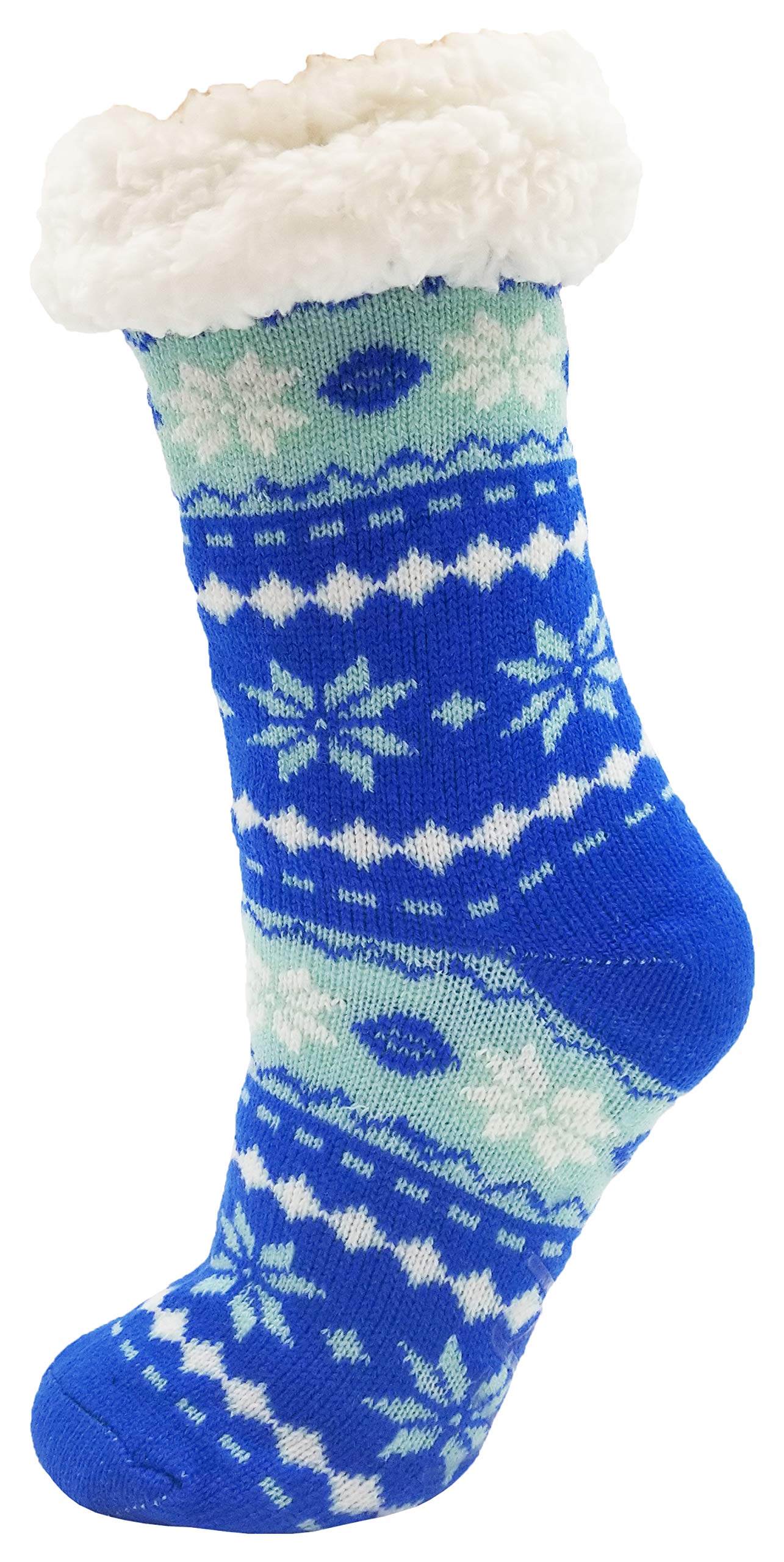 Sherpa Lined Slipper Socks, 3 Pairs for Women, Fluffy Christmas Winter Patterned with Gripper Bottoms, Warm Soft (Fair Isle)