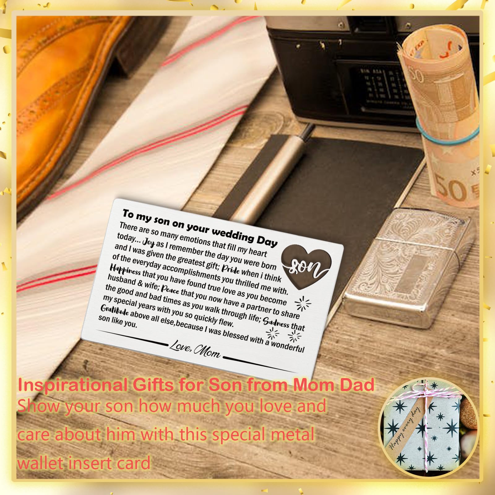 YODOCAMP Son Wedding Gifts from Mom, Engraved Wallet Card Insert for Son on His Wedding Day, Groom On Wedding Day Card Gift Ideas, Son Wallet Card from Mother